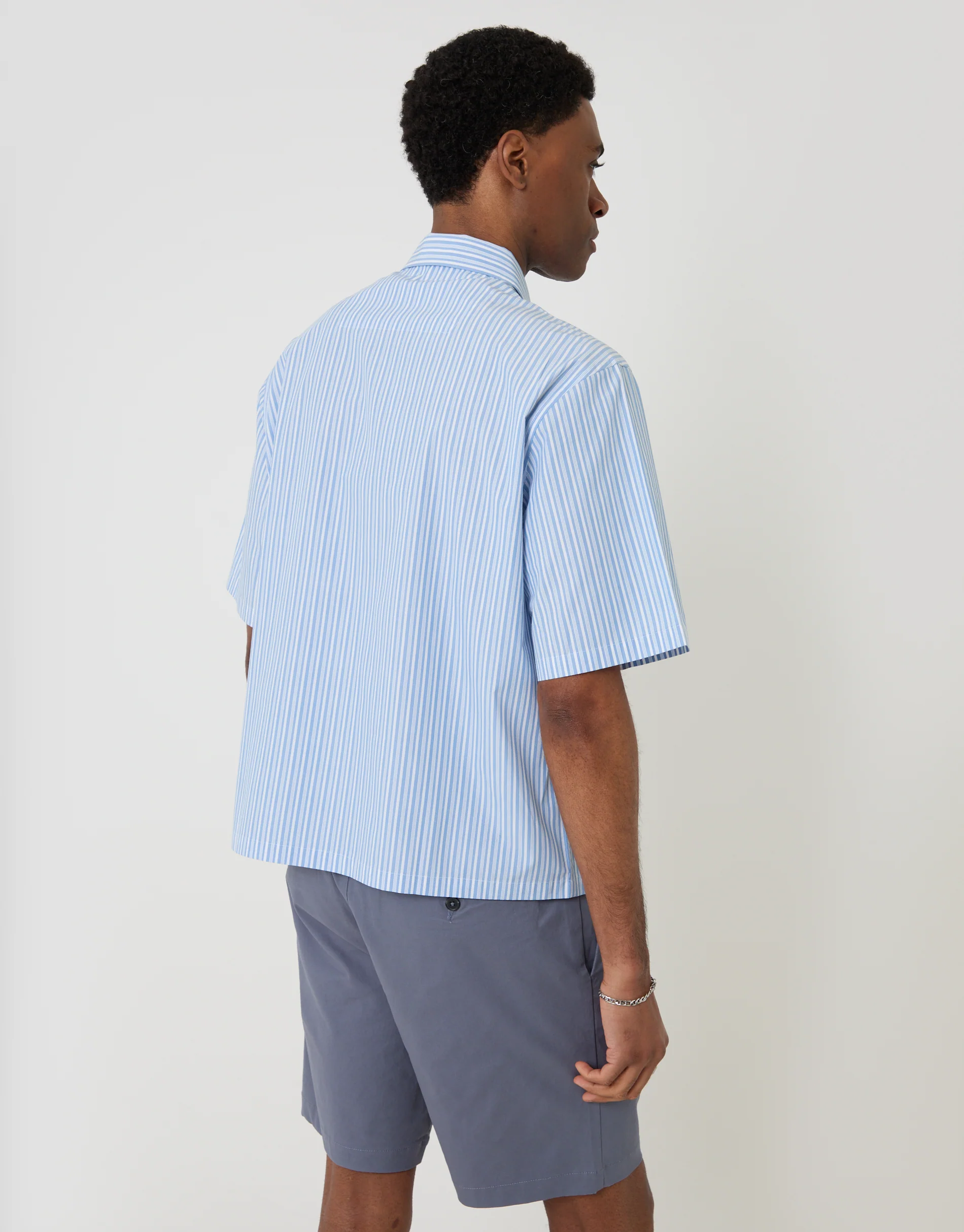 Boxy Fit Cotton Poplin Short Sleeve Shirt in Blue Stripe - Image 3