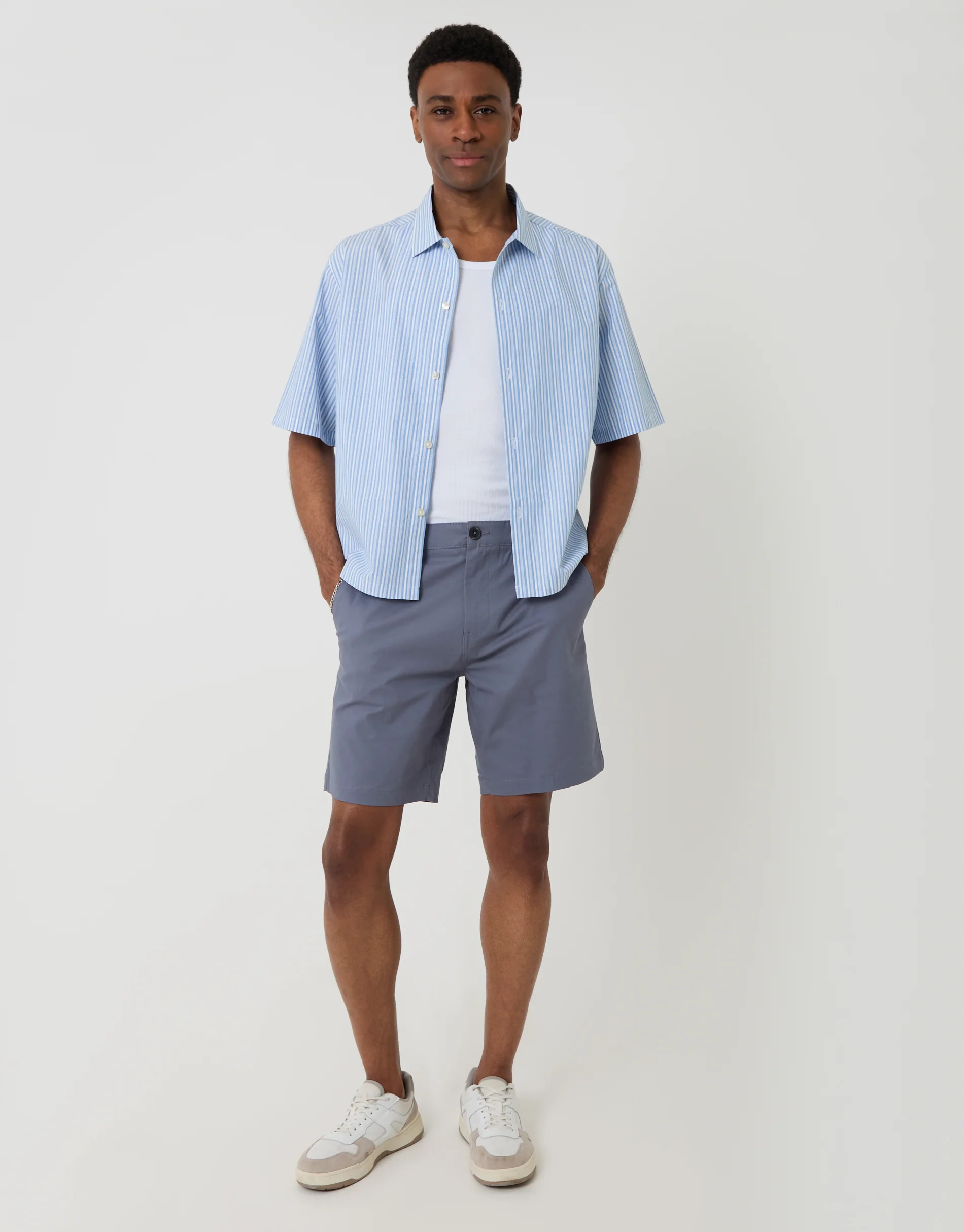 Boxy Fit Cotton Poplin Short Sleeve Shirt in Blue Stripe - Image 4