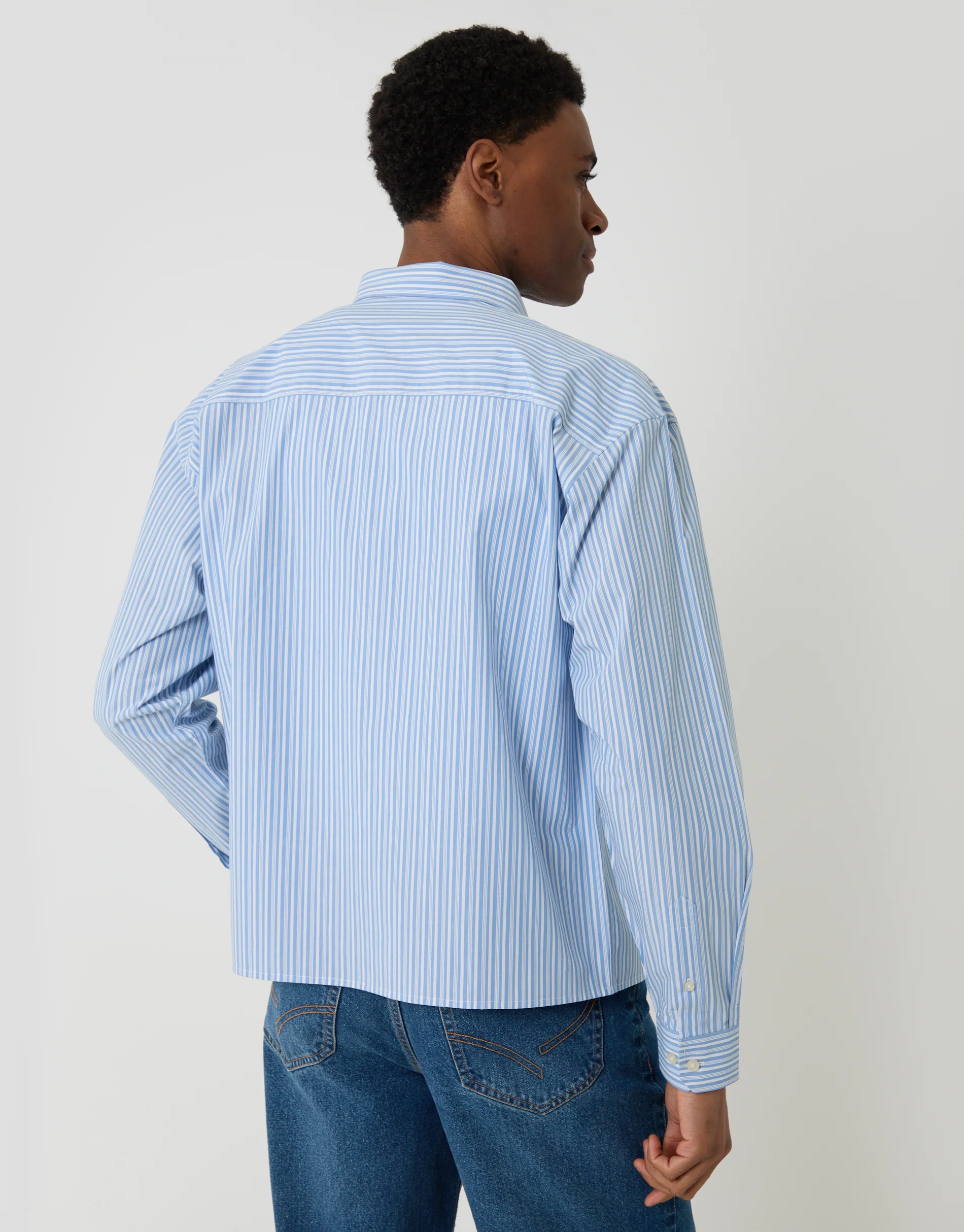 Cropped Fit Cotton Poplin Shirt in Blue Stripe - Image 3