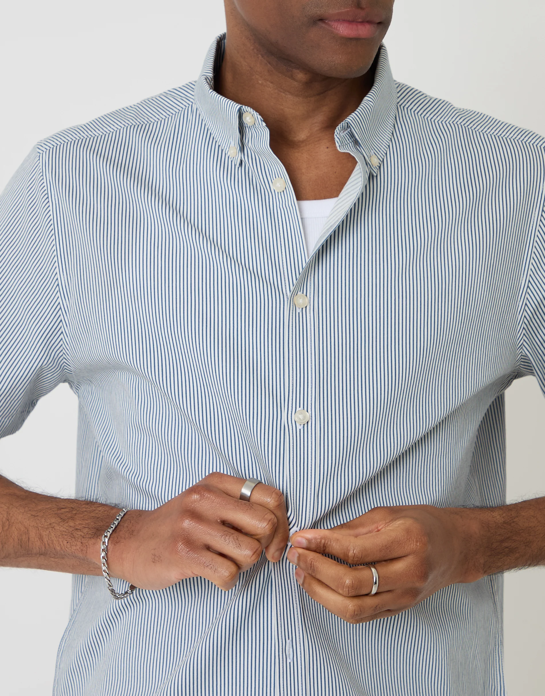 Cotton Poplin Short Sleeve Shirt in Blue Stripe