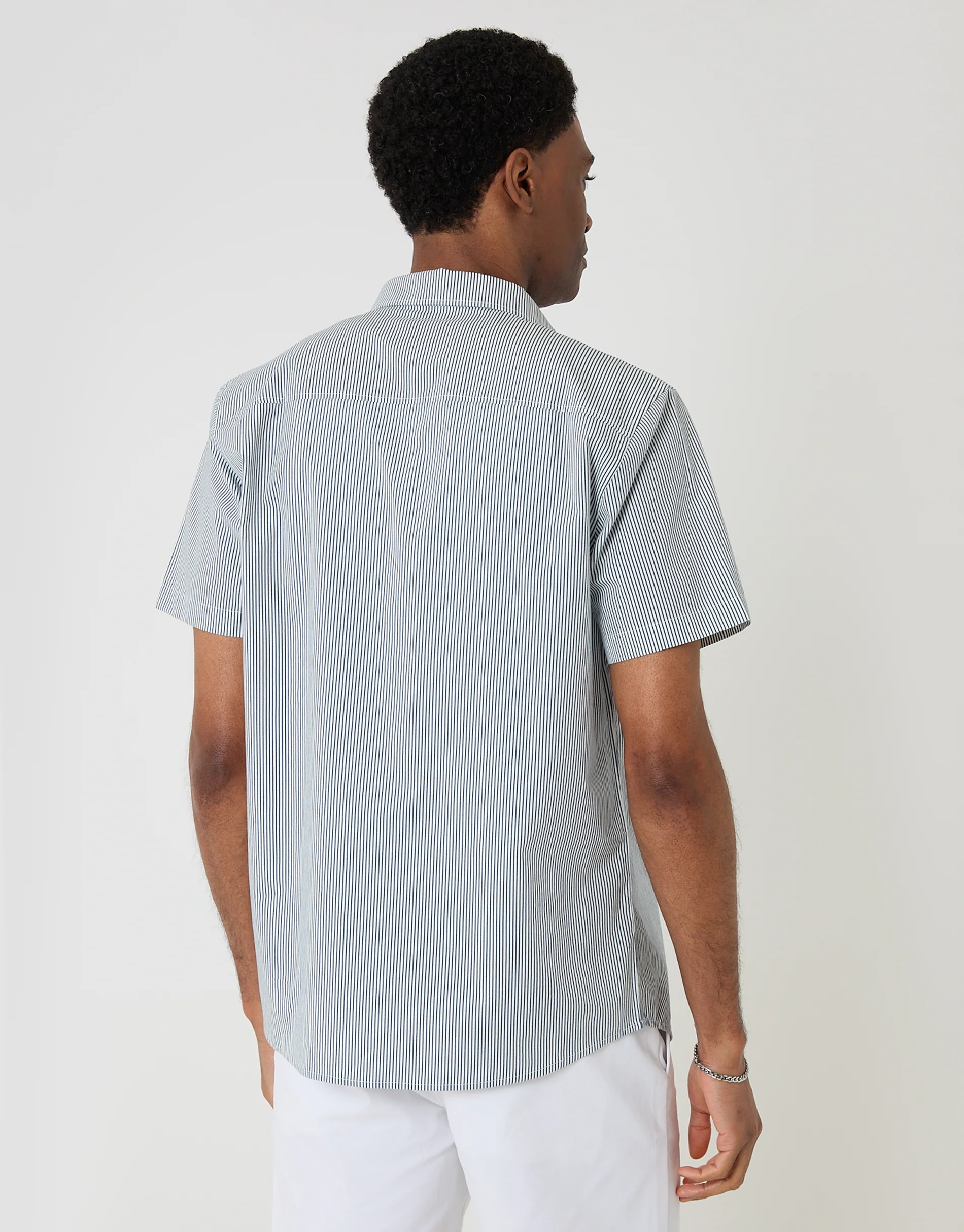 Cotton Poplin Short Sleeve Shirt in Blue Stripe - Image 3