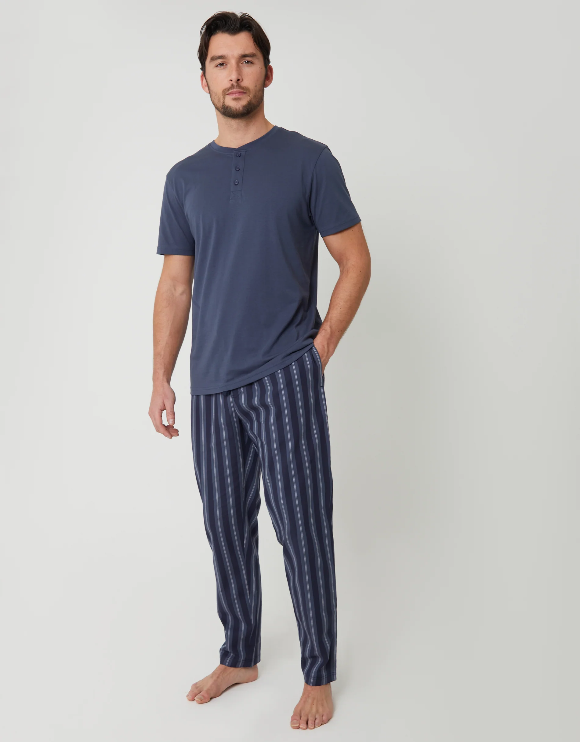 Grandad Fit T-Shirt & Bottoms Pyjama Set in Blue Stripe