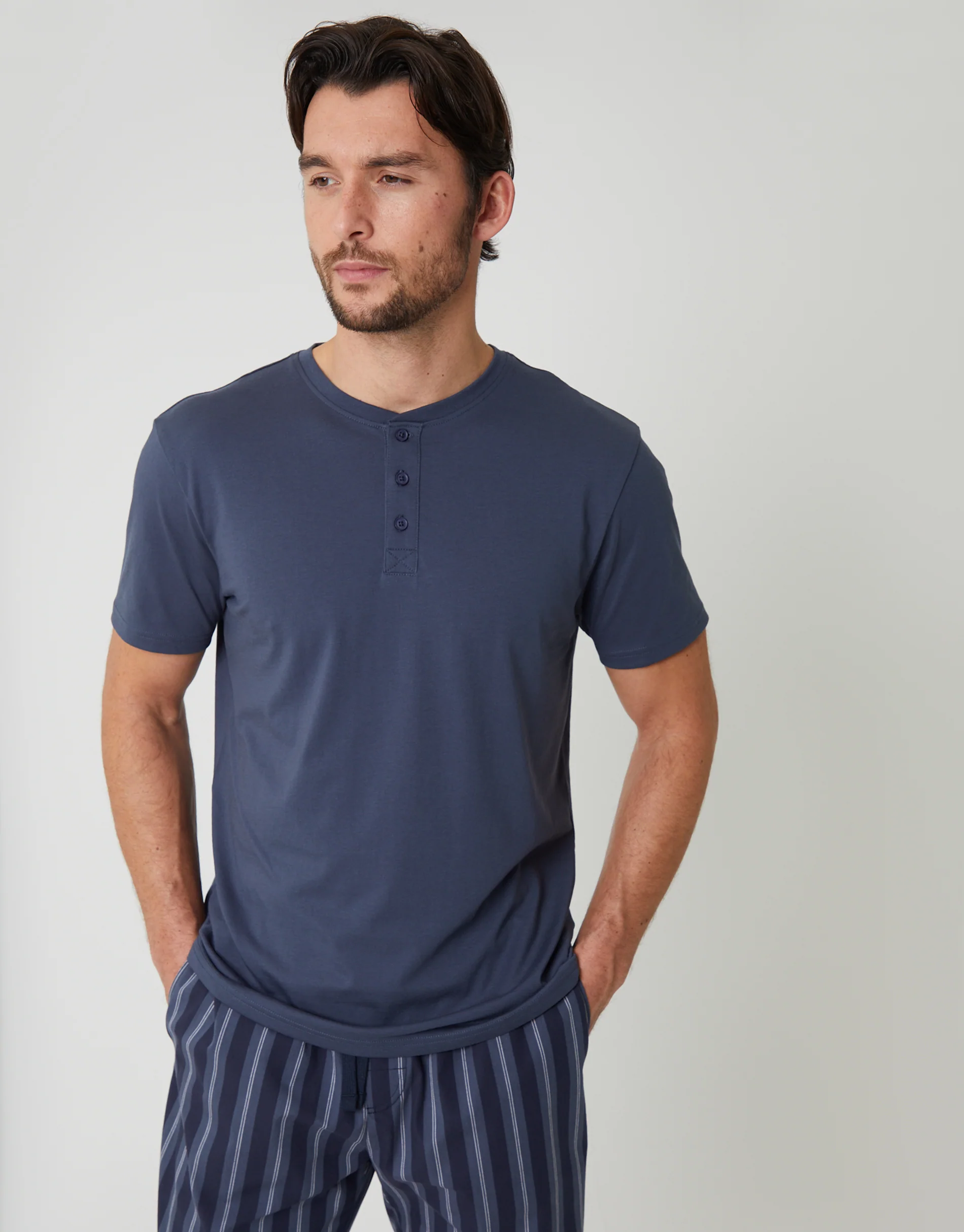 Grandad Fit T-Shirt & Bottoms Pyjama Set in Blue Stripe - Image 2
