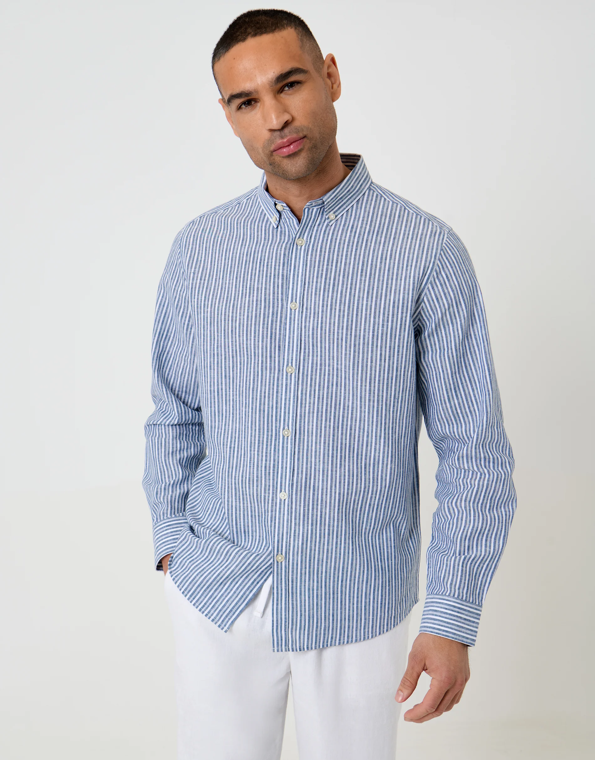 Linen Cotton Blend Long Sleeve Shirt in Blue Stripe