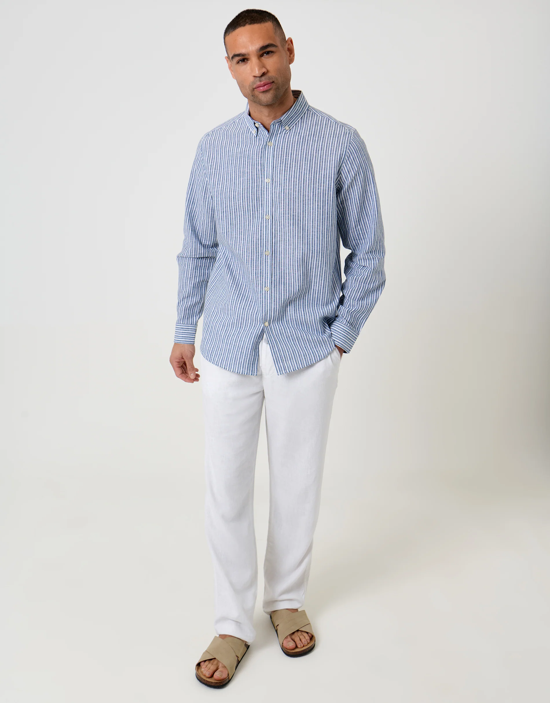 Linen Cotton Blend Long Sleeve Shirt in Blue Stripe - Image 3