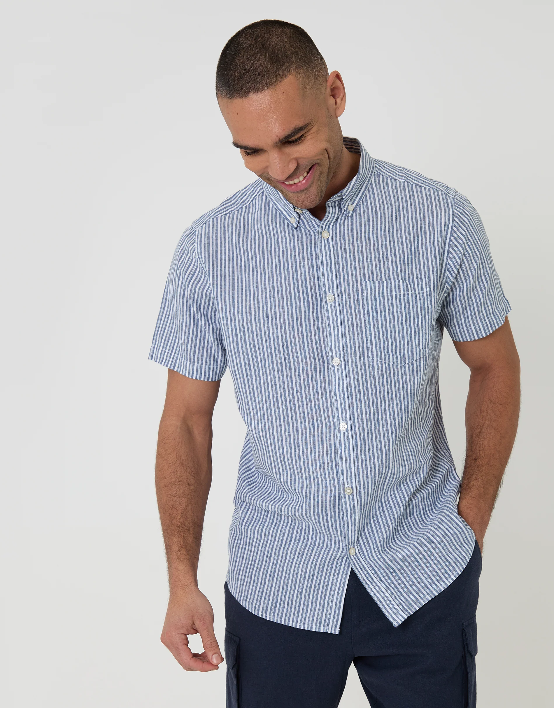 Linen Cotton Blend Short Sleeve Shirt in Blue Stripe
