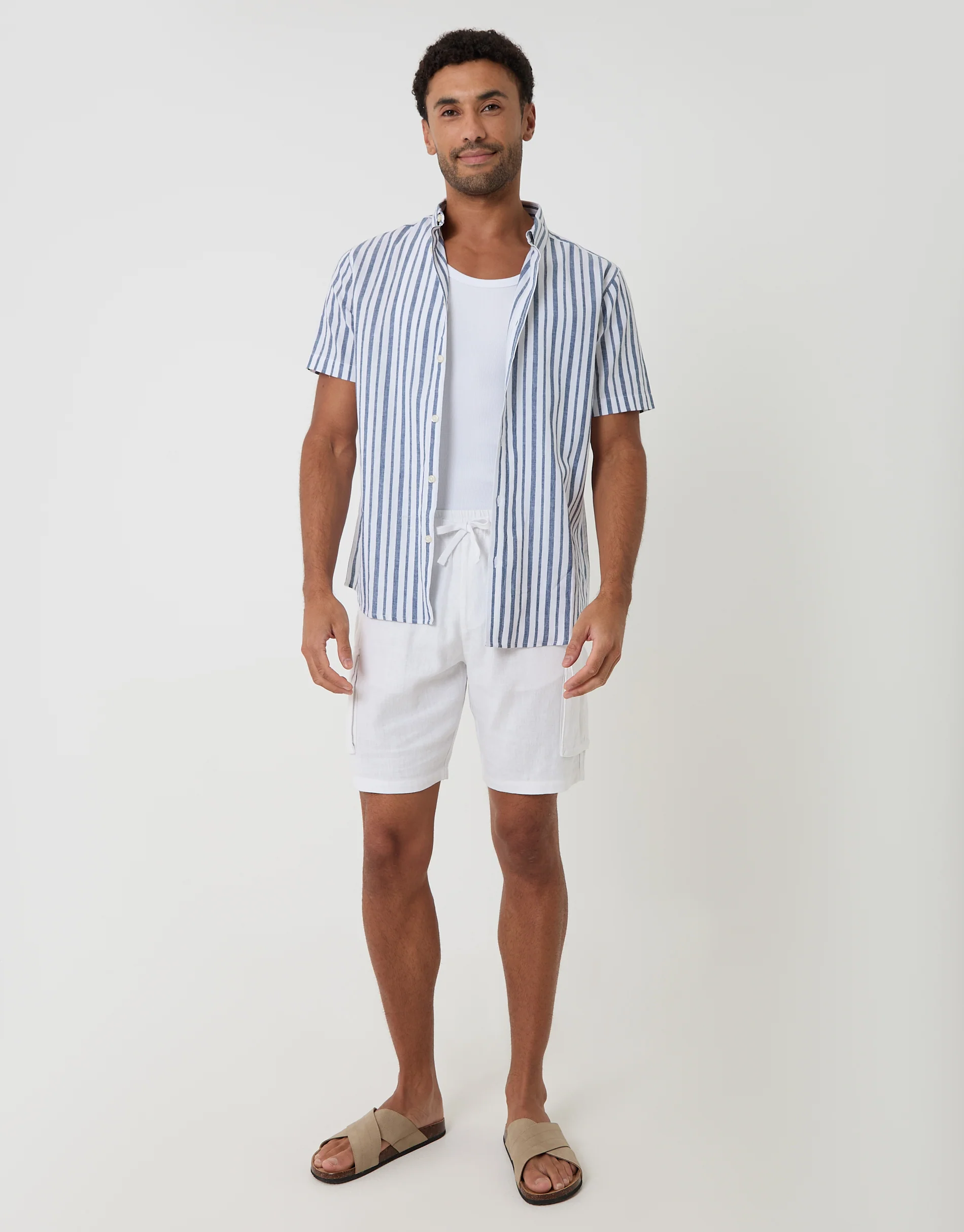 Linen Cotton Blend Short Sleeve Shirt in Blue Stripe - Image 3