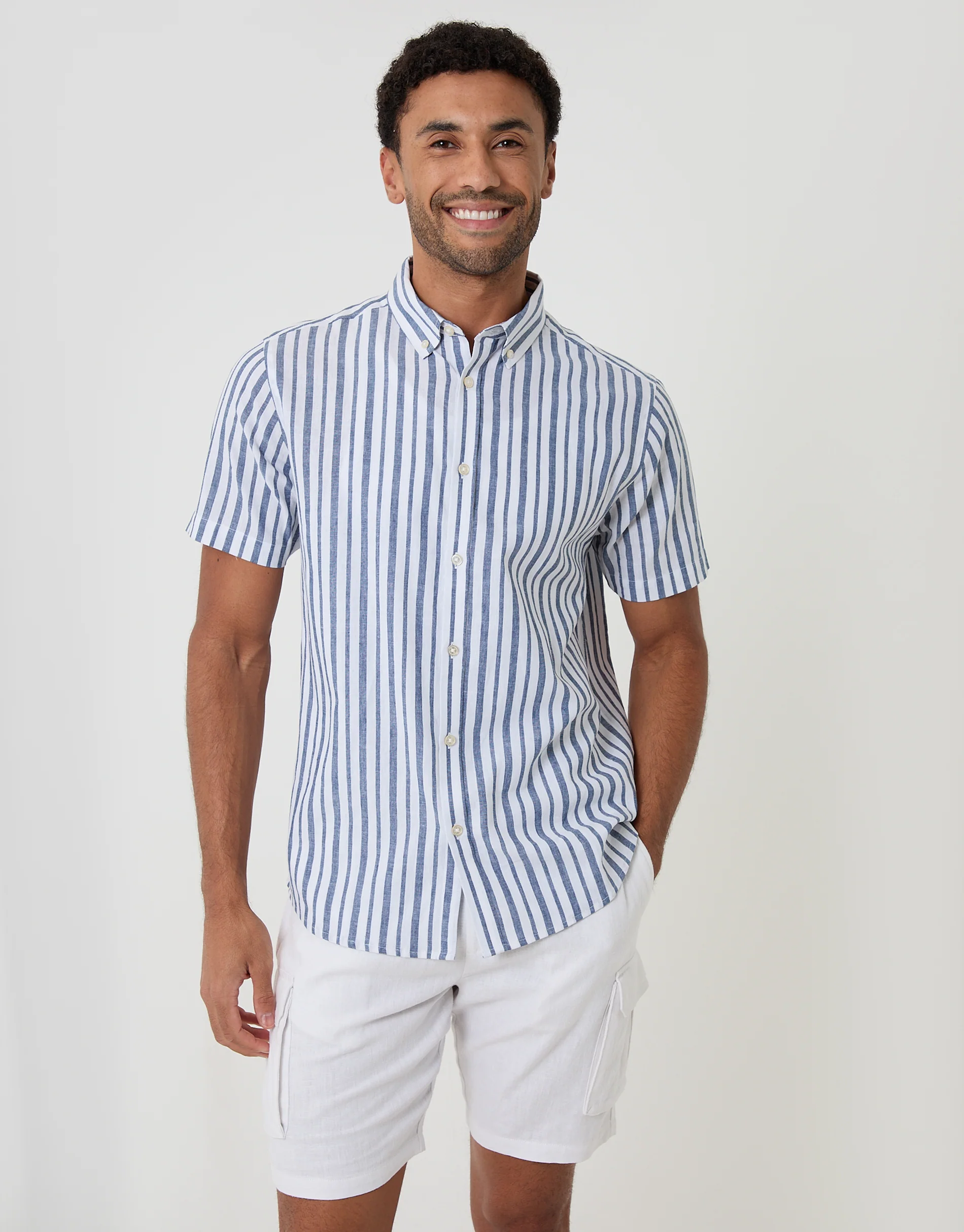 Linen Cotton Blend Short Sleeve Shirt in Blue Stripe - Image 5