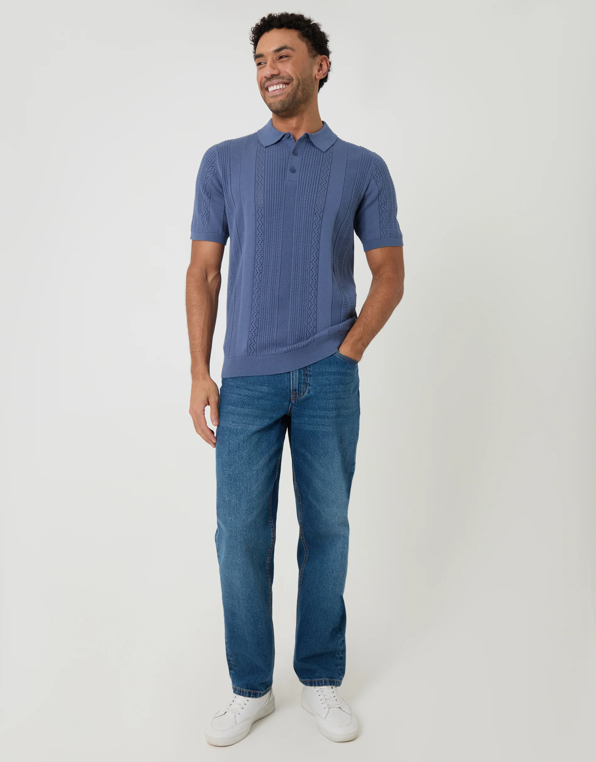 Textured Stripe Knitted Polo in Blue - Image 3