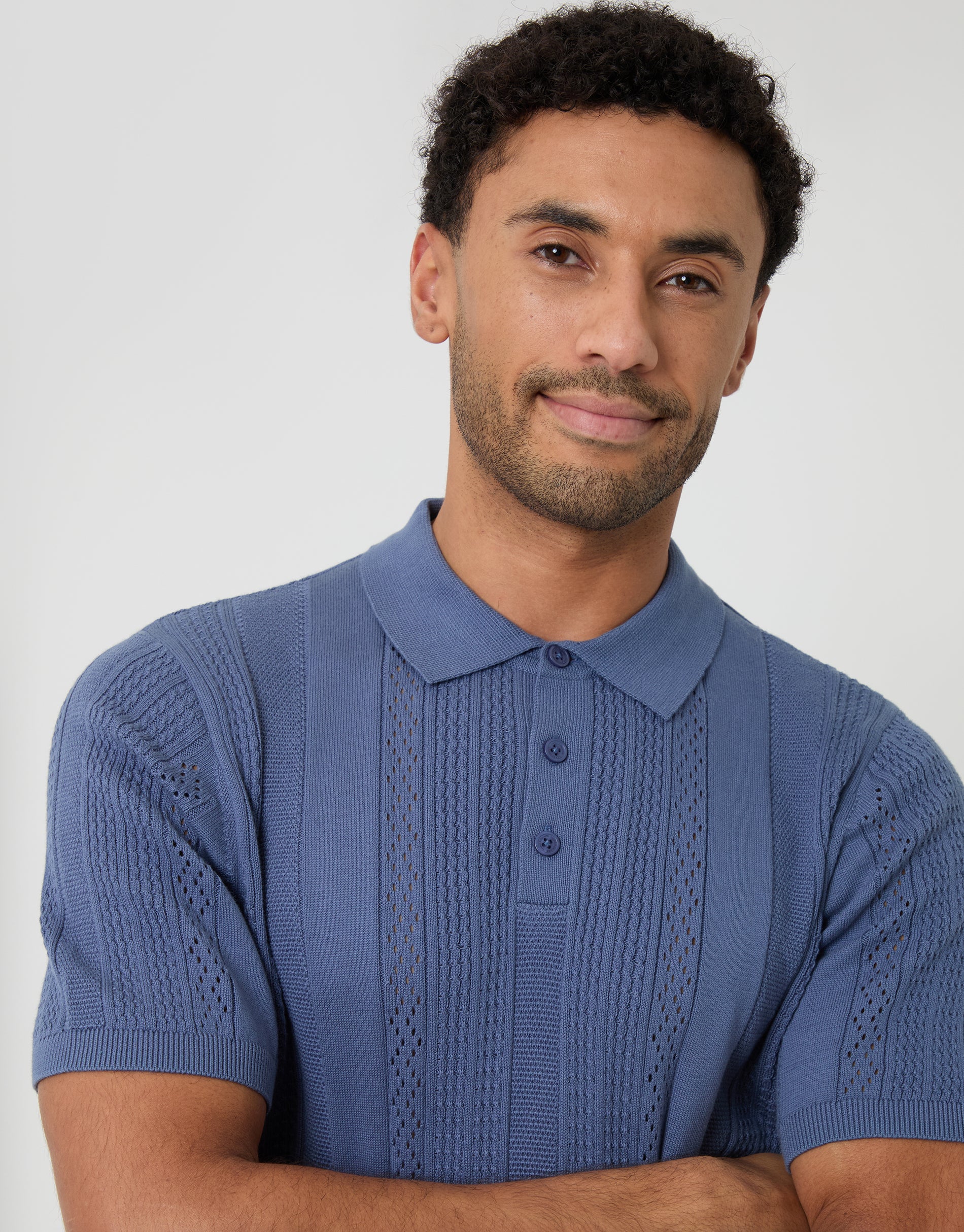 Textured Stripe Knitted Polo in Blue - Image 4