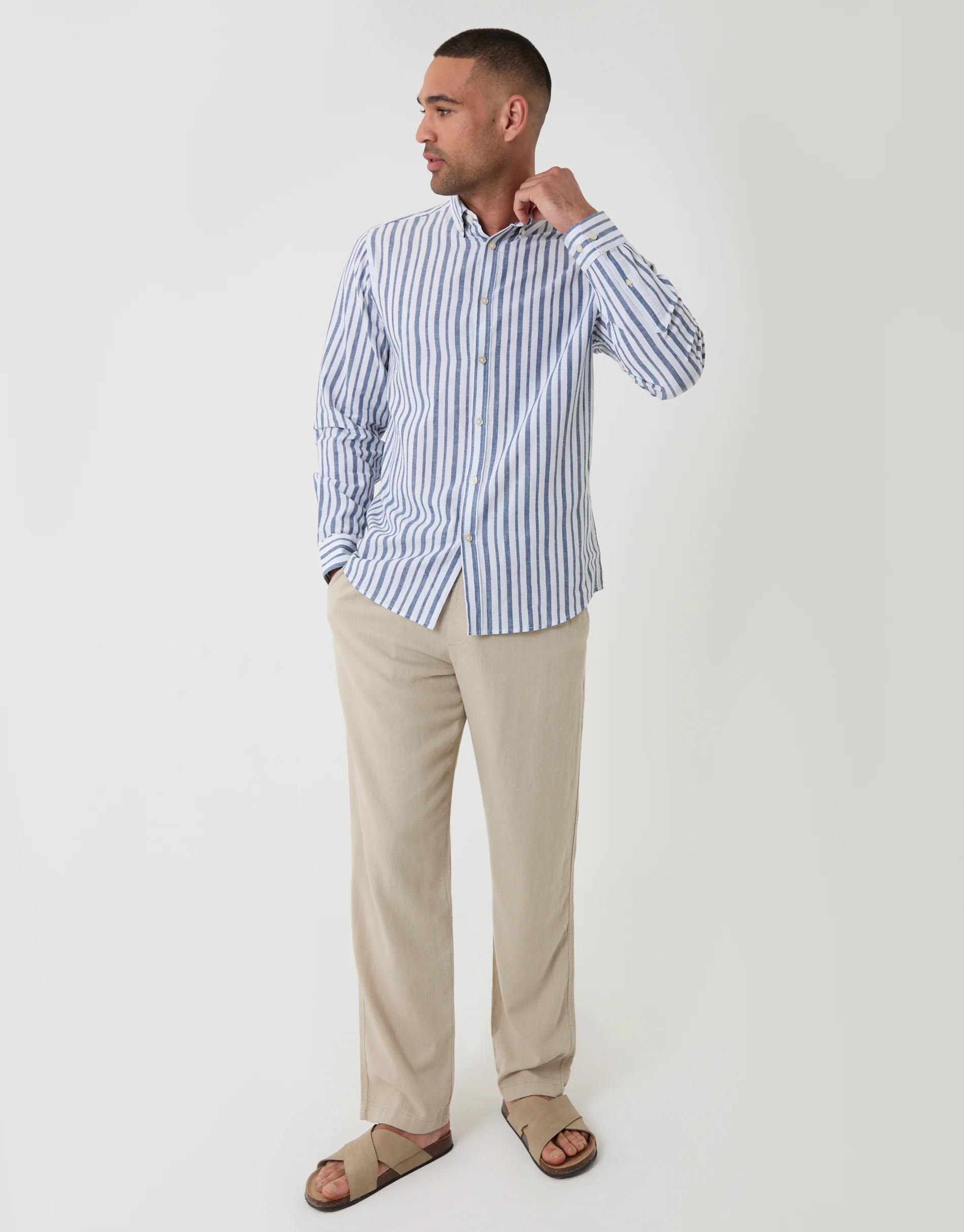 Wide Linen Cotton Blend Long Sleeve Shirt in Blue Stripe - Image 3