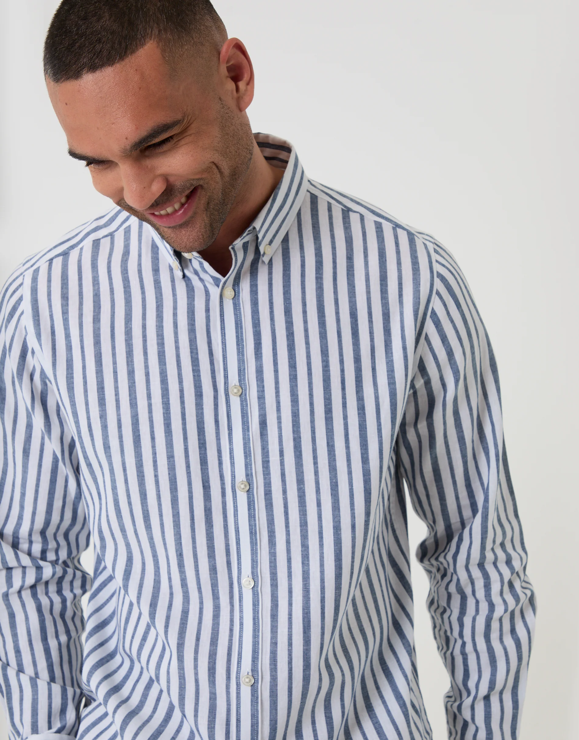 Wide Linen Cotton Blend Long Sleeve Shirt in Blue Stripe - Image 4