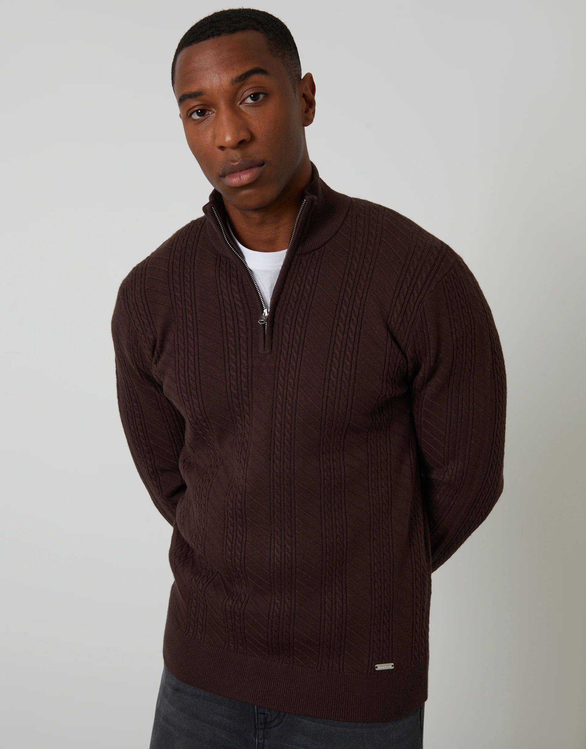 Cable Knit Quarter Zip Jumper in Brown