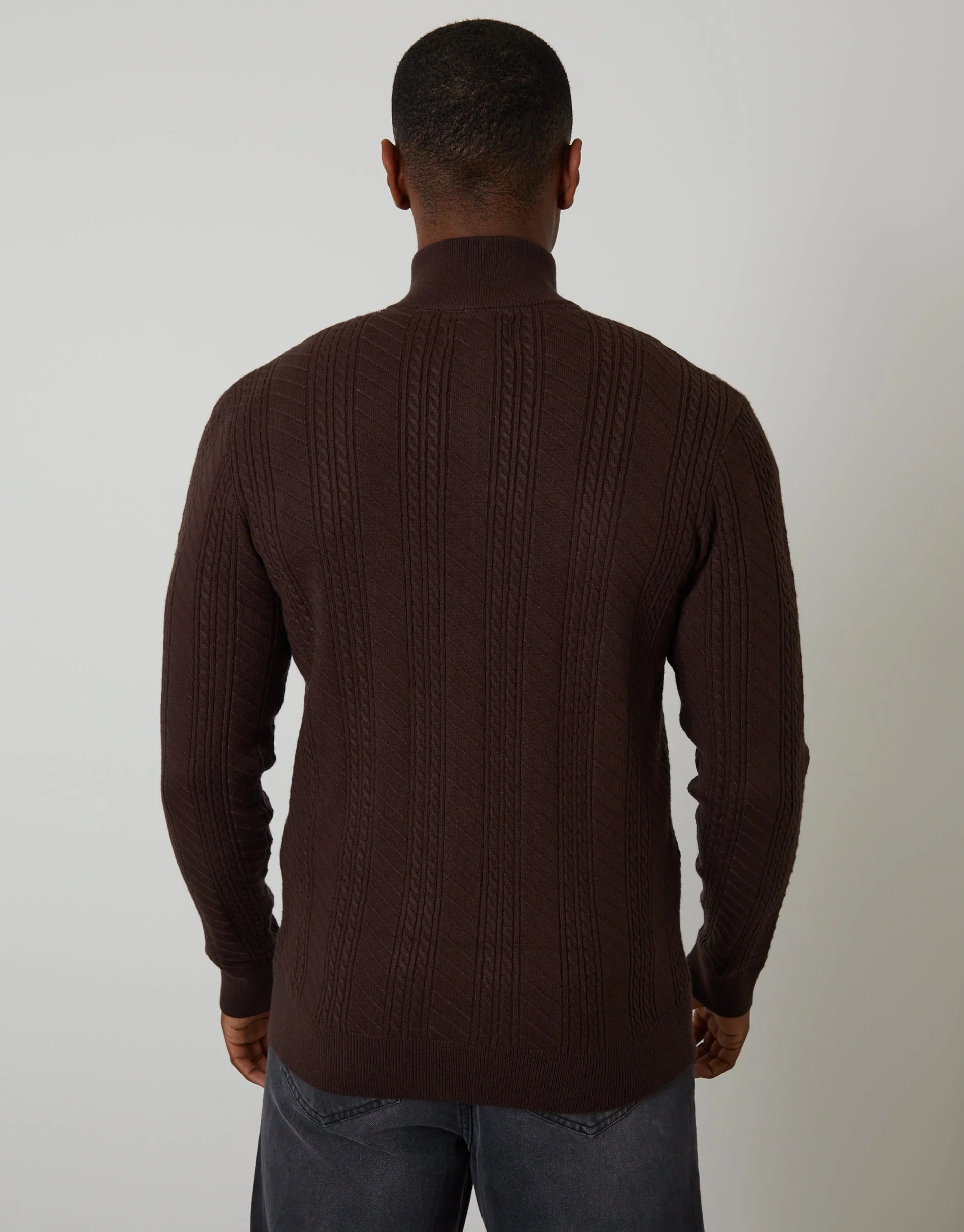 Cable Knit Quarter Zip Jumper in Brown - Image 2