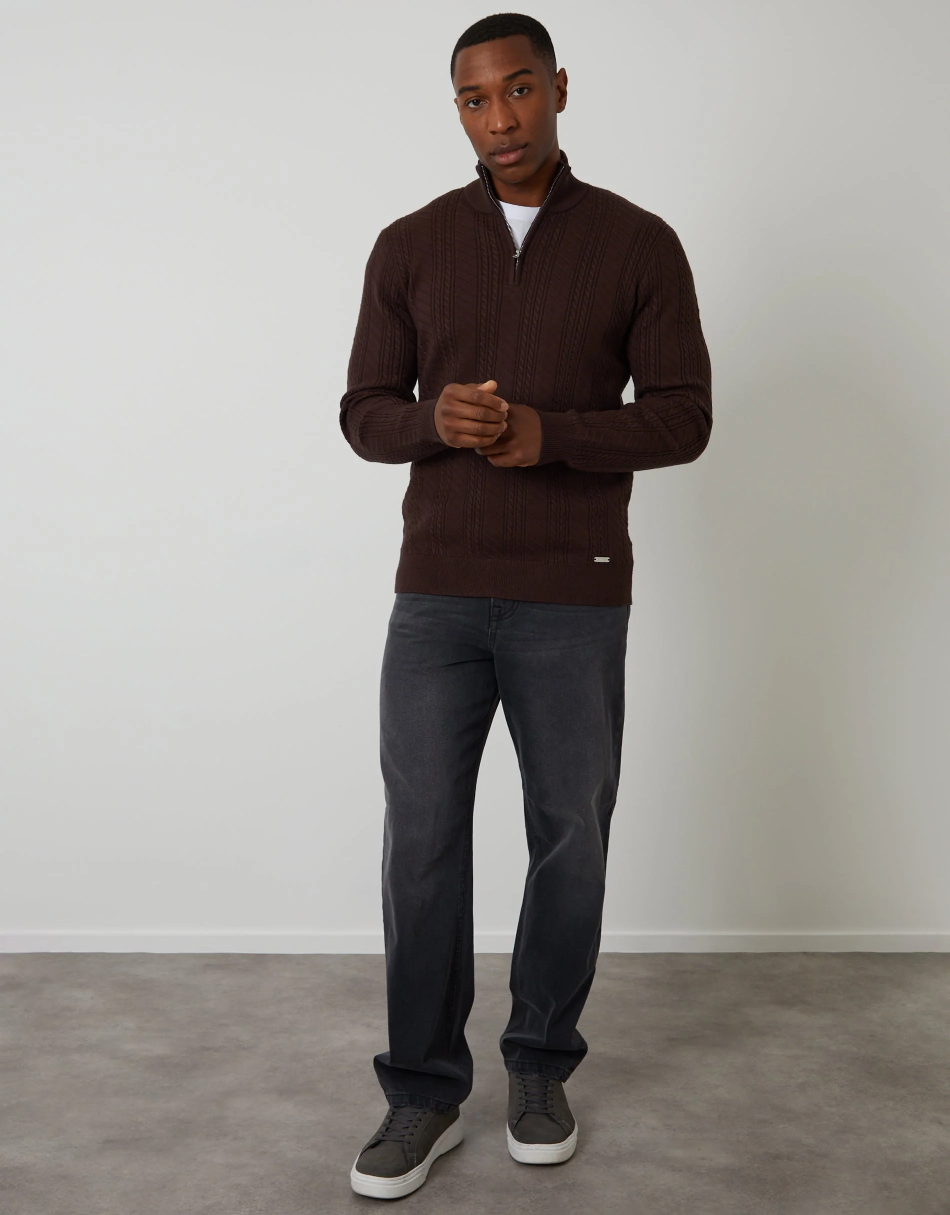 Cable Knit Quarter Zip Jumper in Brown - Image 3