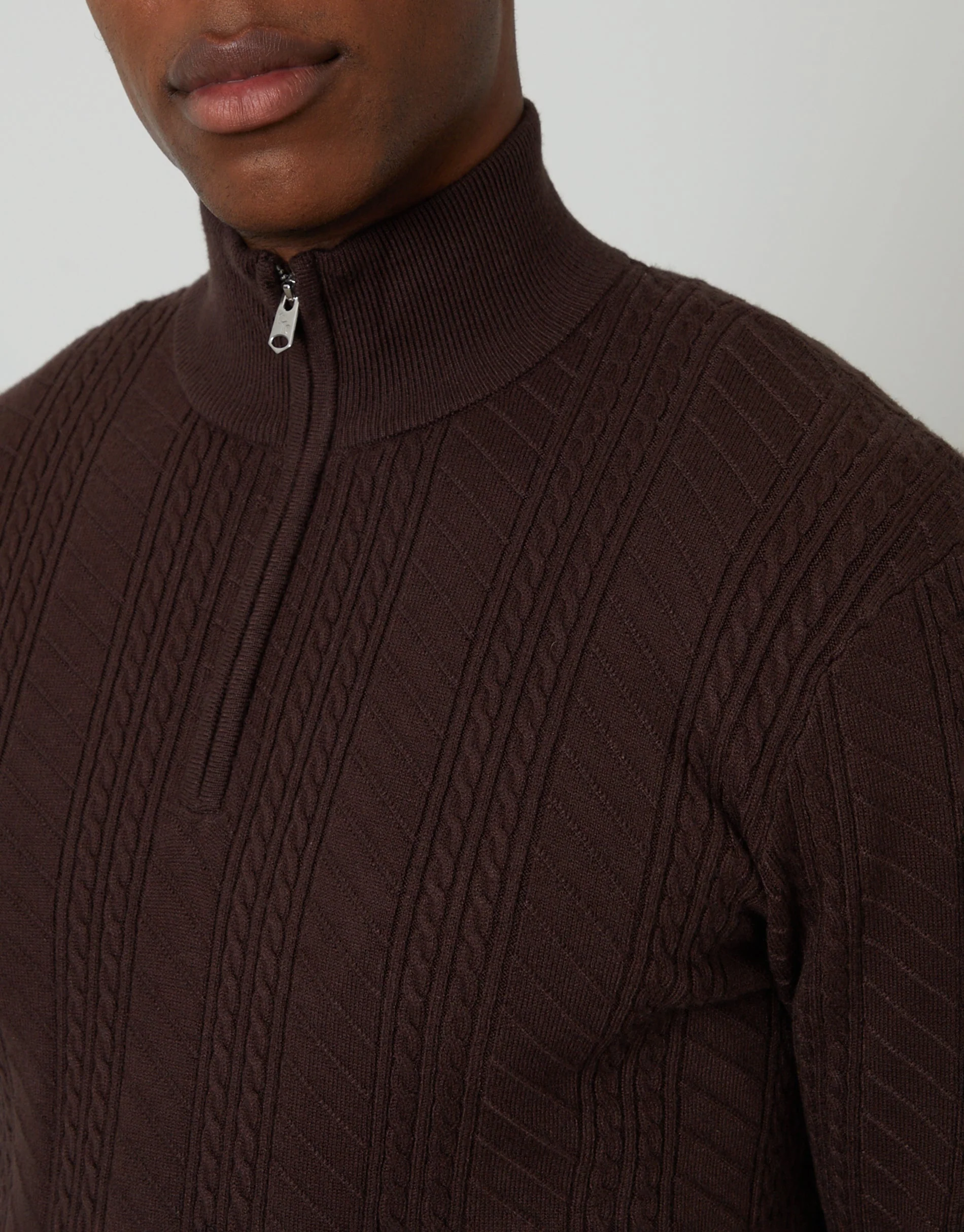 Cable Knit Quarter Zip Jumper in Brown - Image 4