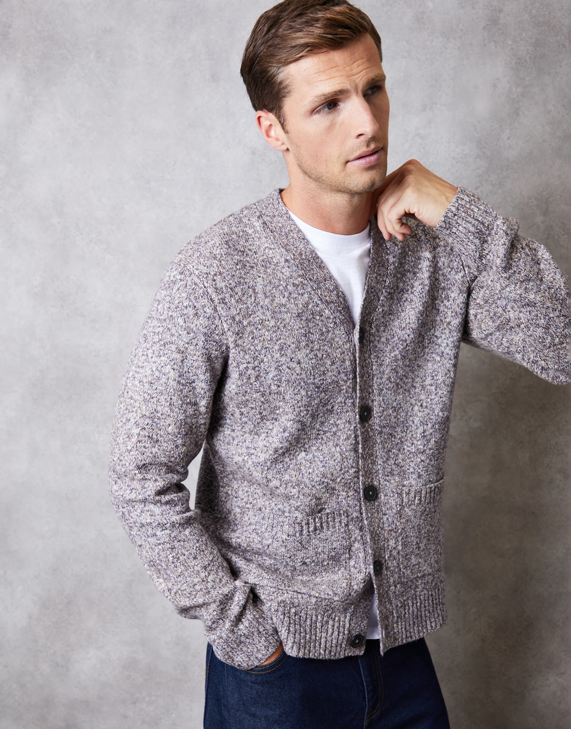 Knitted Button Up Cardigan in Brown Twist