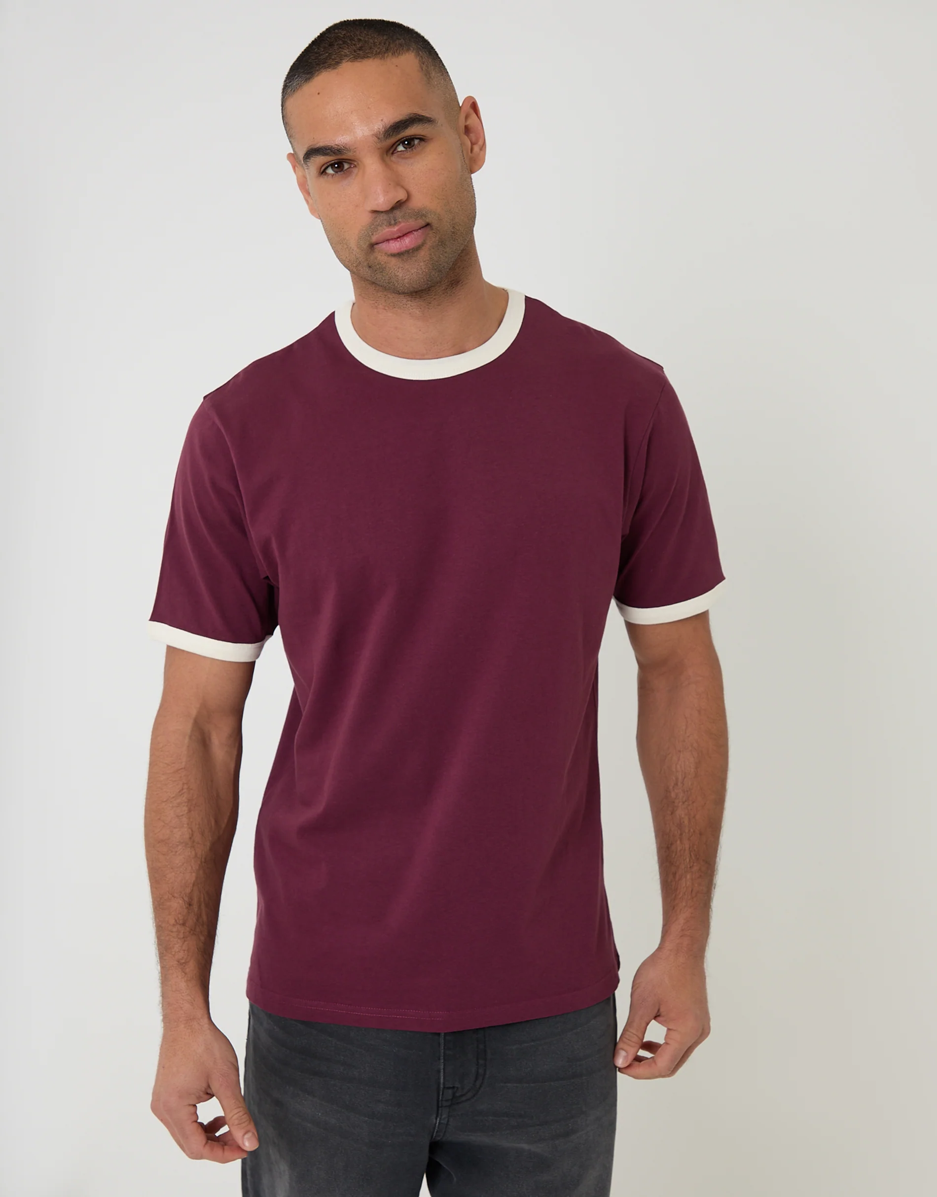 Cotton Ringer T-Shirt in Burgundy