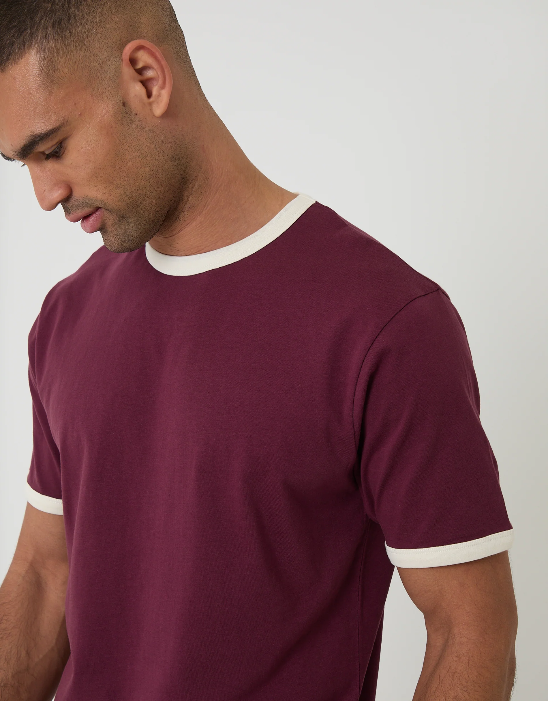 Cotton Ringer T-Shirt in Burgundy - Image 4
