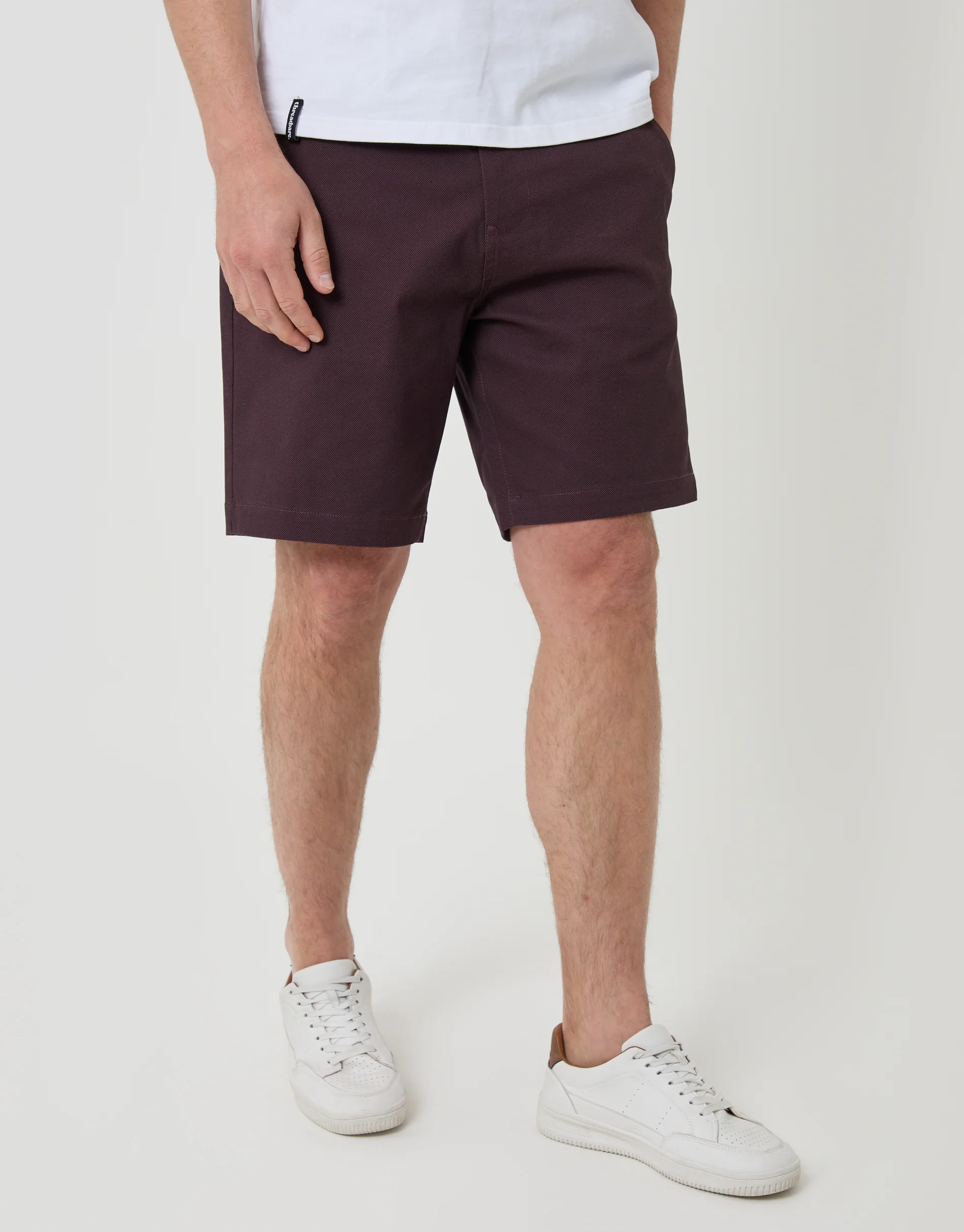 Regular Fit Patterned Stretch Chino Shorts with Belt in Burgundy - Image 2