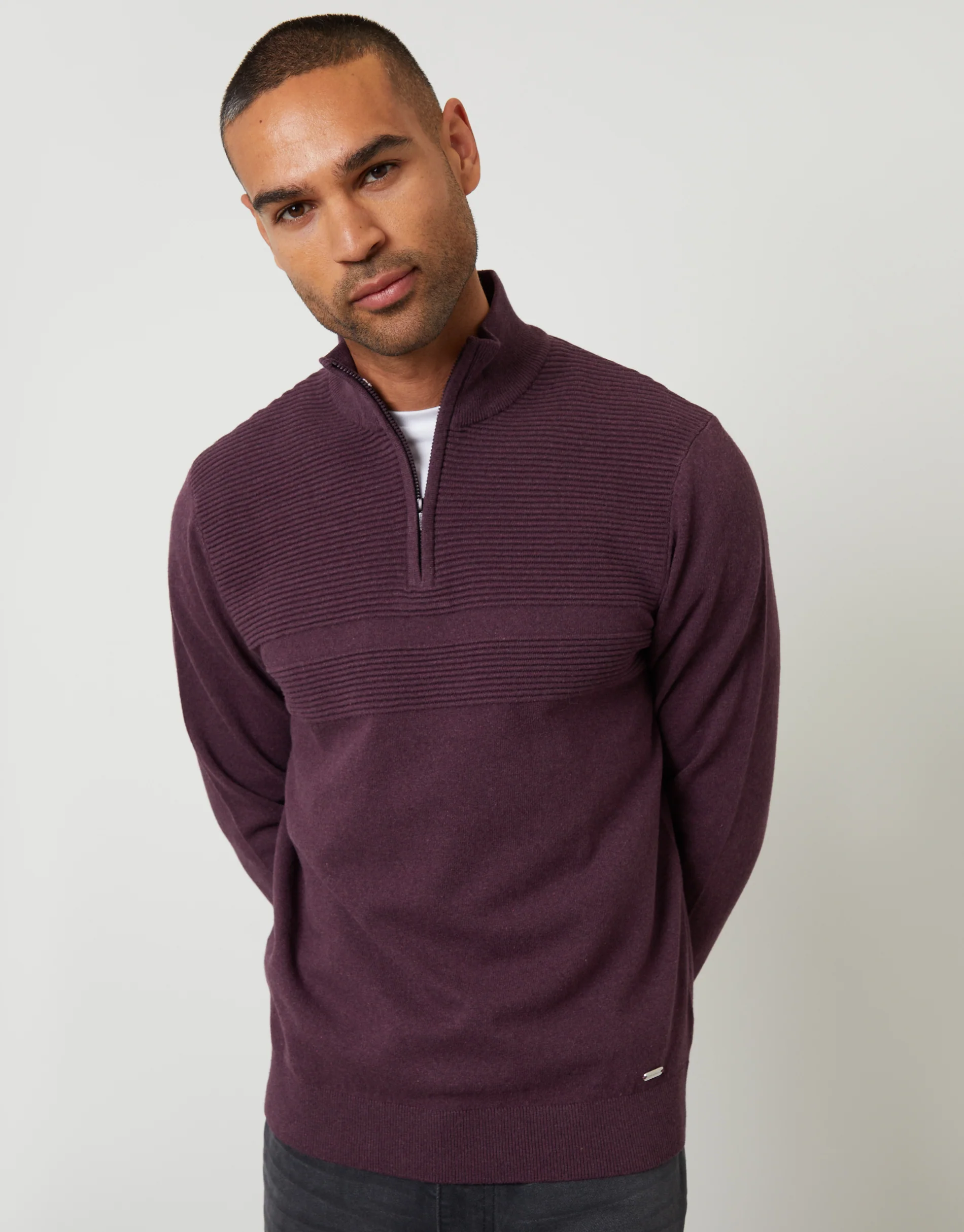 Rib Detail Knitted Quarter Zip Jumper in Burgundy