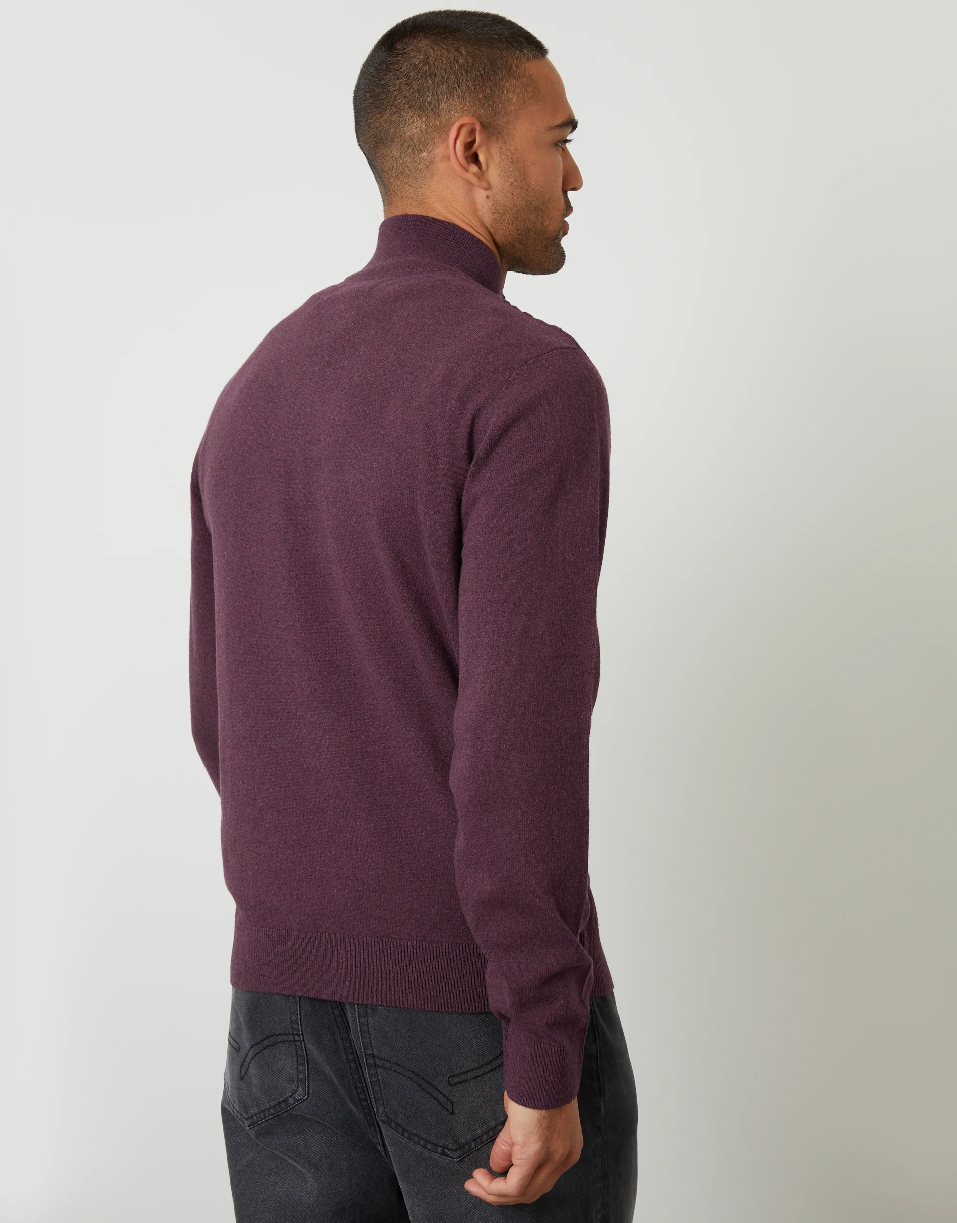 Rib Detail Knitted Quarter Zip Jumper in Burgundy - Image 2
