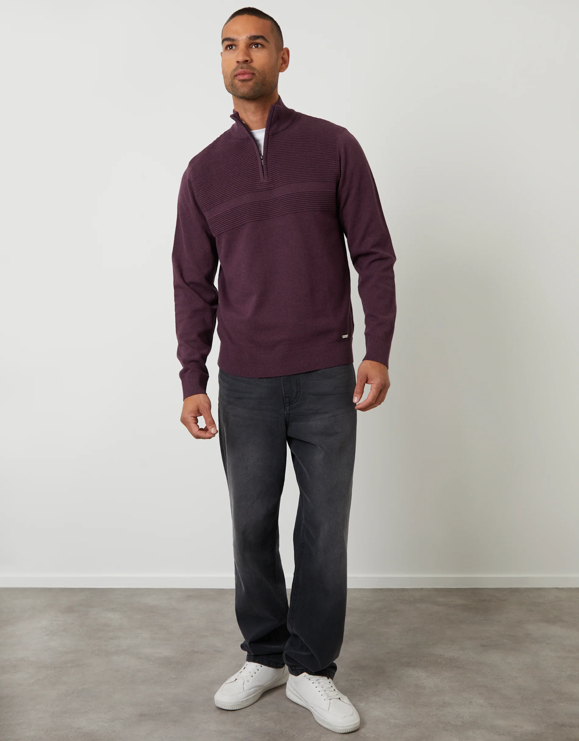 Rib Detail Knitted Quarter Zip Jumper in Burgundy - Image 3