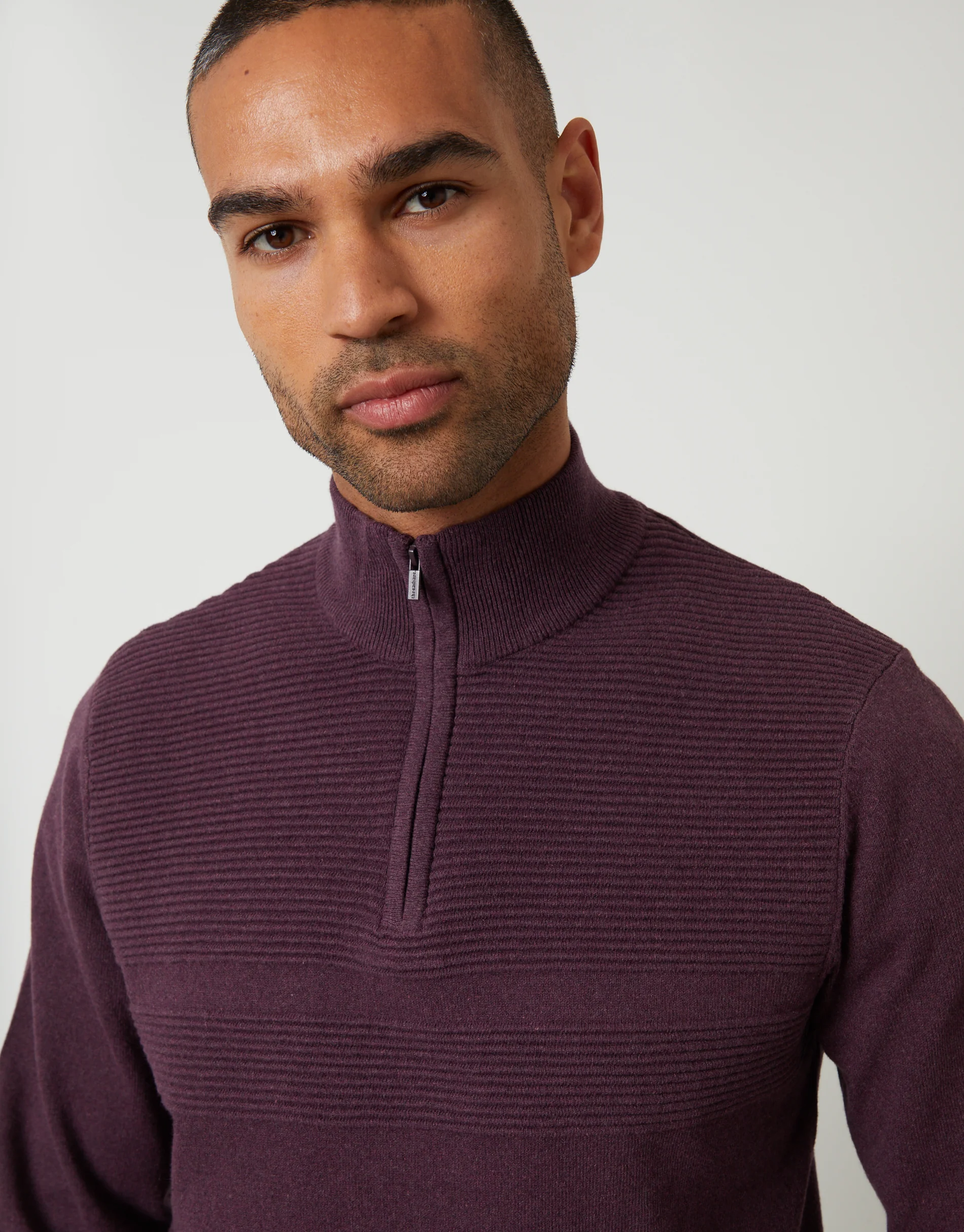 Rib Detail Knitted Quarter Zip Jumper in Burgundy - Image 4