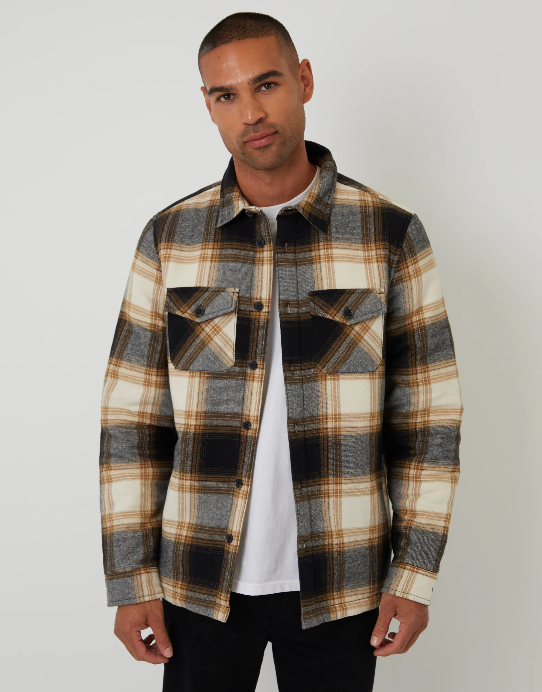Brushed Borg Lined Shacket in Camel Brown Check
