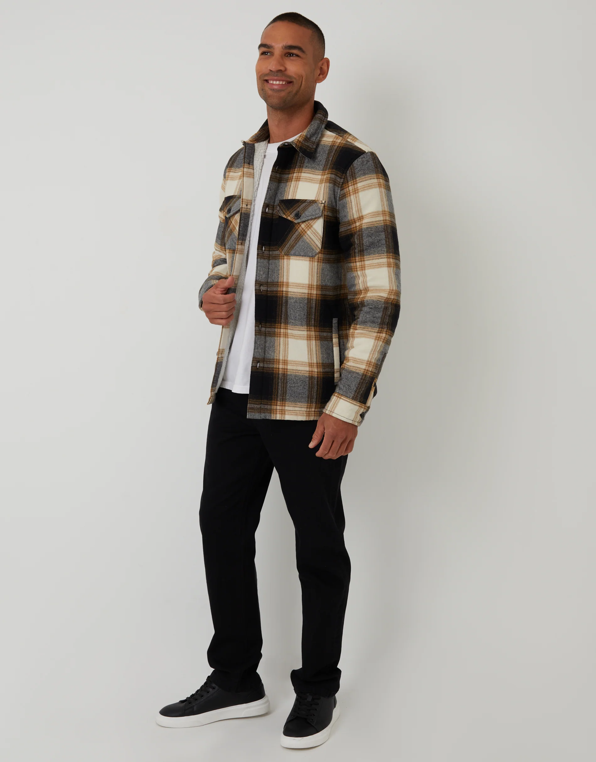 Brushed Borg Lined Shacket in Camel Brown Check - Image 3