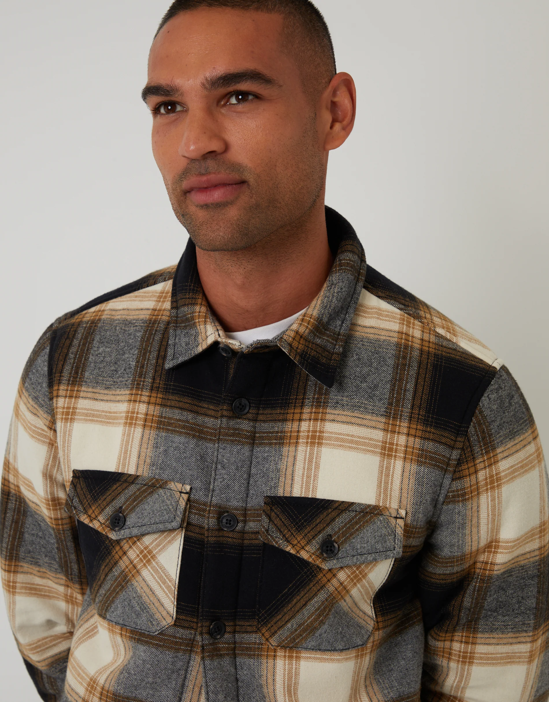 Brushed Borg Lined Shacket in Camel Brown Check - Image 4