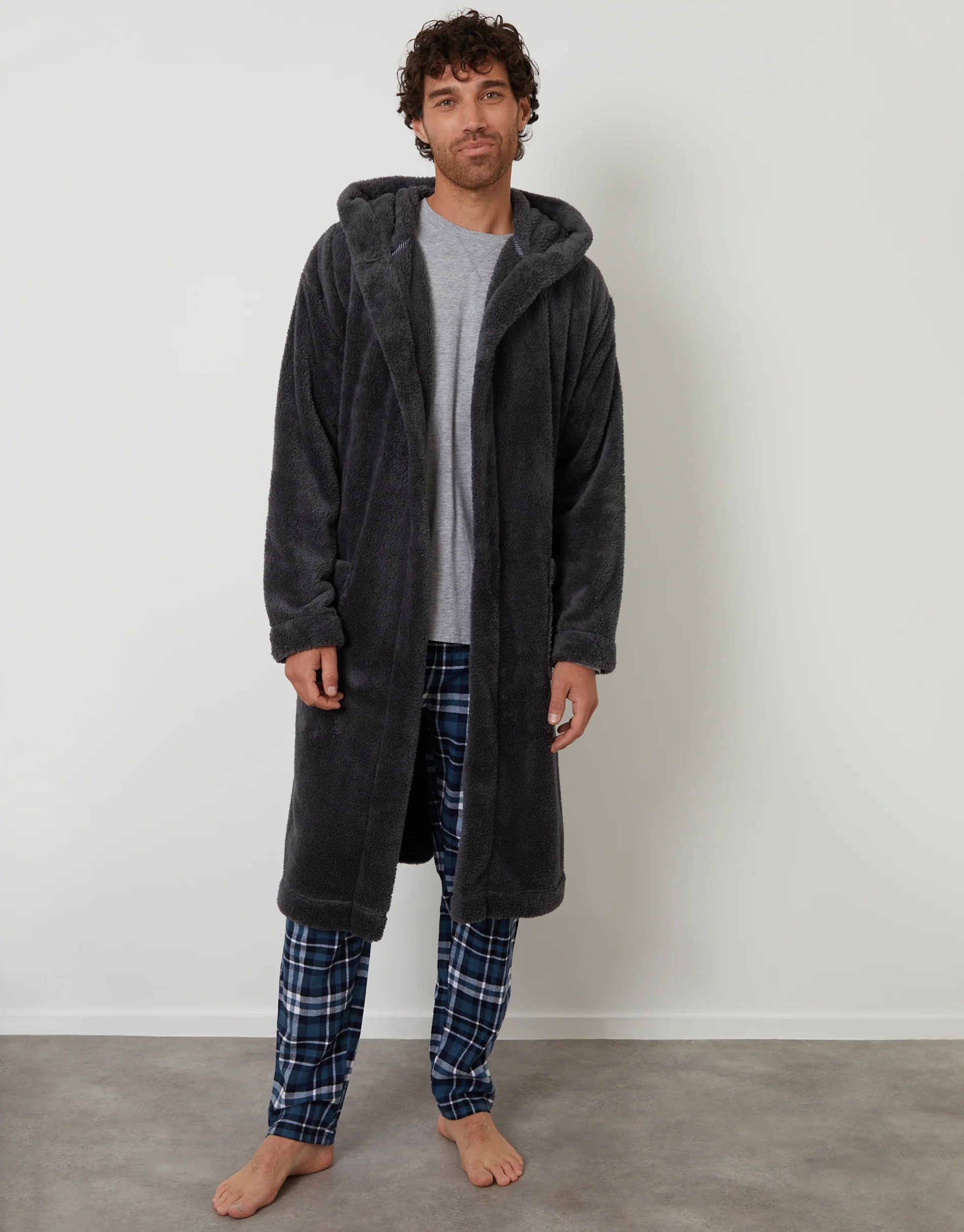 Borg Hooded Dressing Gown in Charcoal Grey