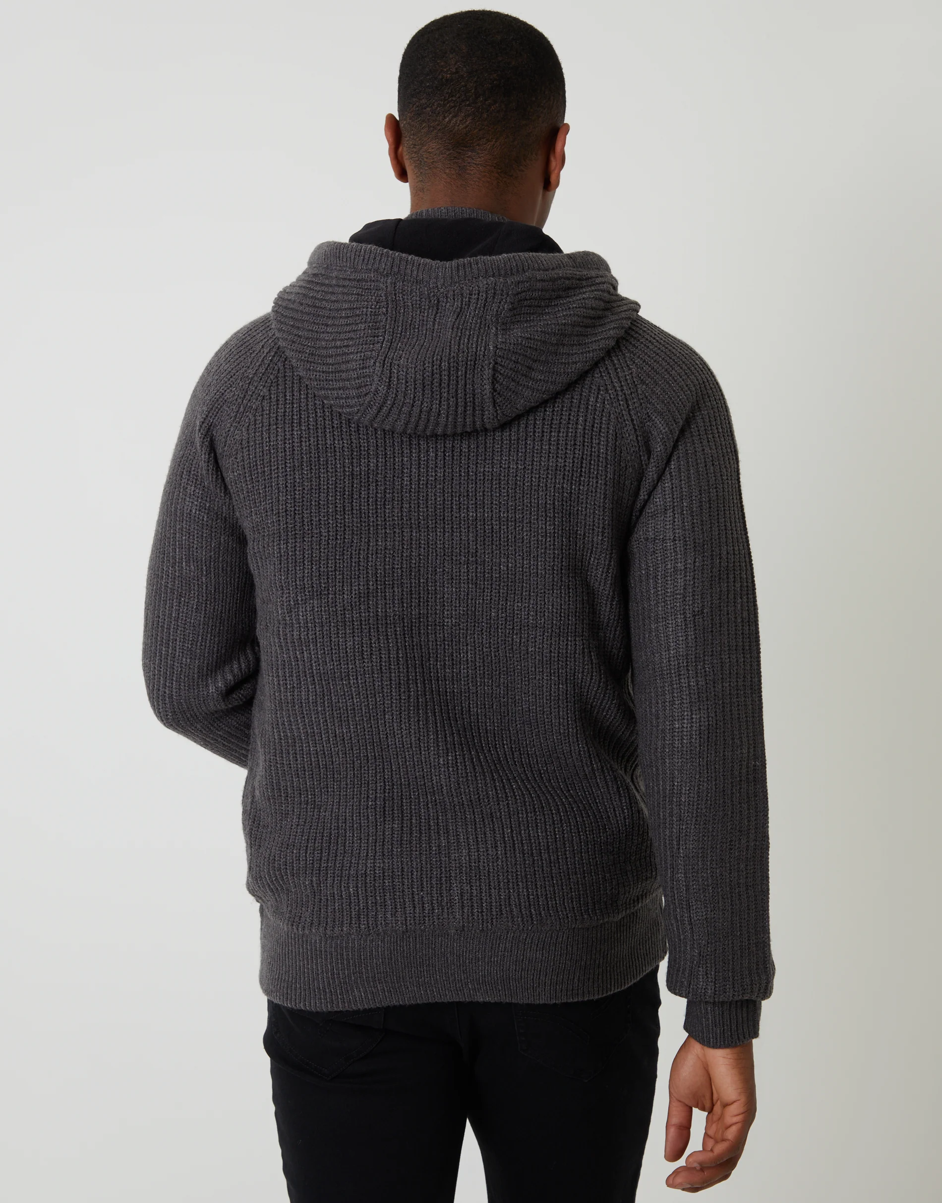 Cable Knit Microfleece Lined Zip Through Hoodie in Charcoal Grey - Image 2