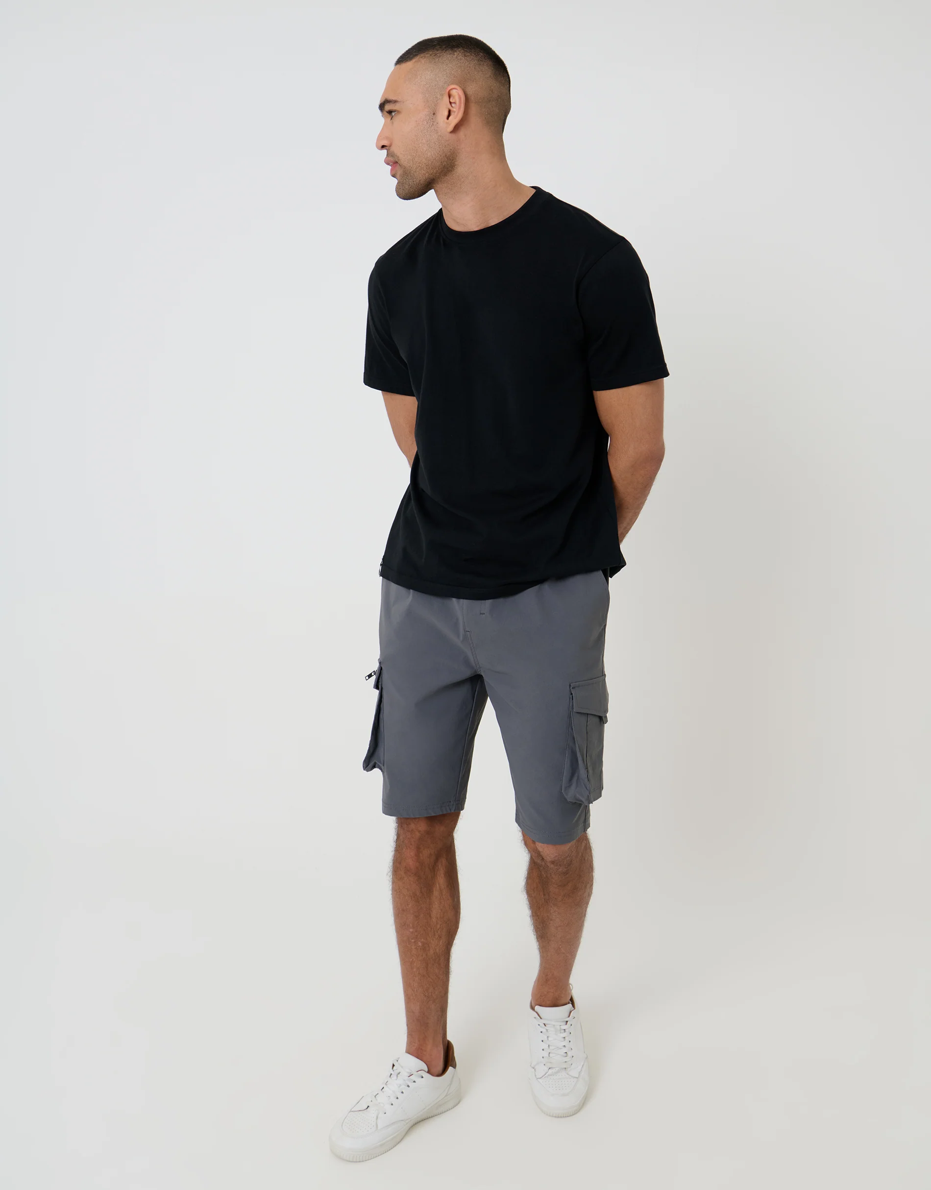 Elasticated Waist Stretch Cargo Shorts in Charcoal Grey