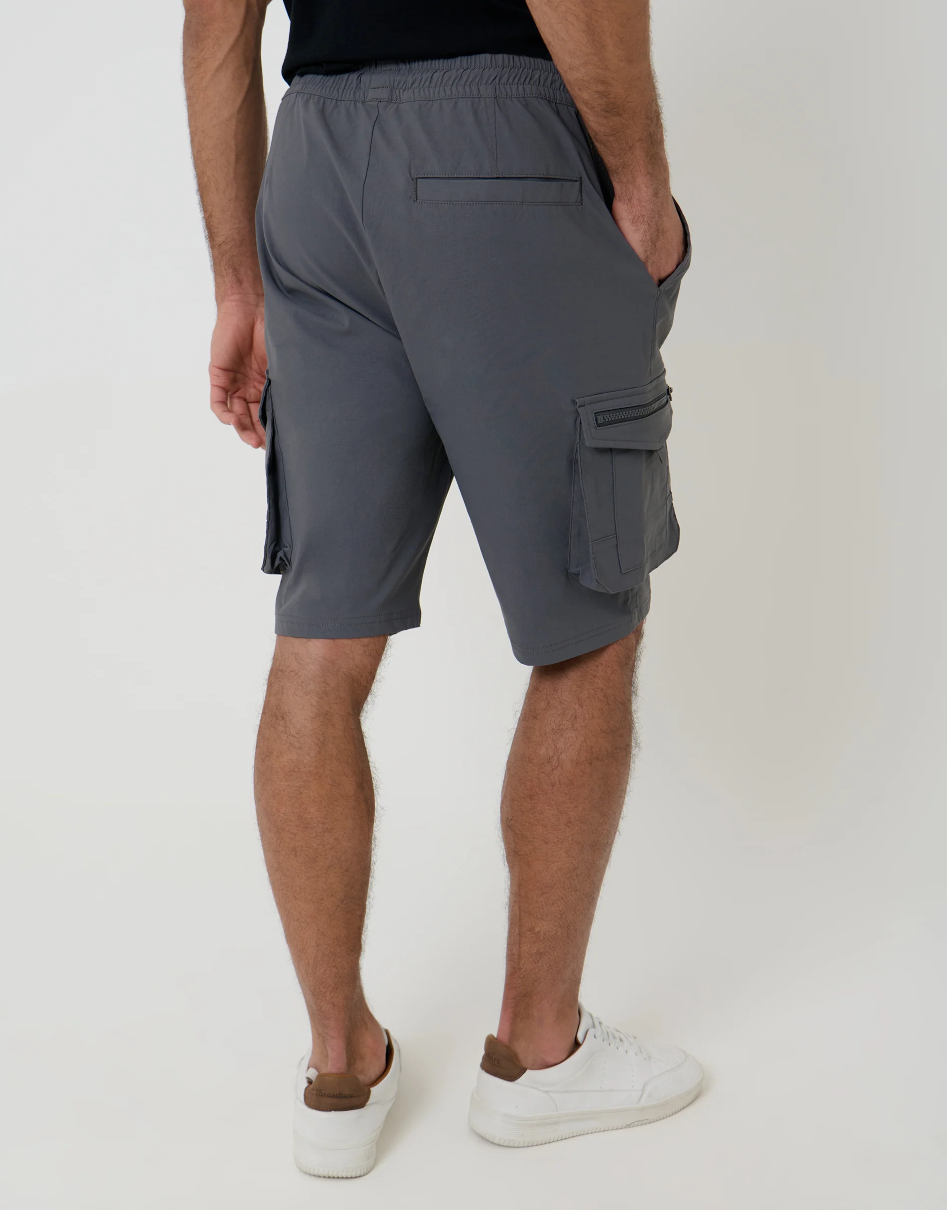 Elasticated Waist Stretch Cargo Shorts in Charcoal Grey - Image 3