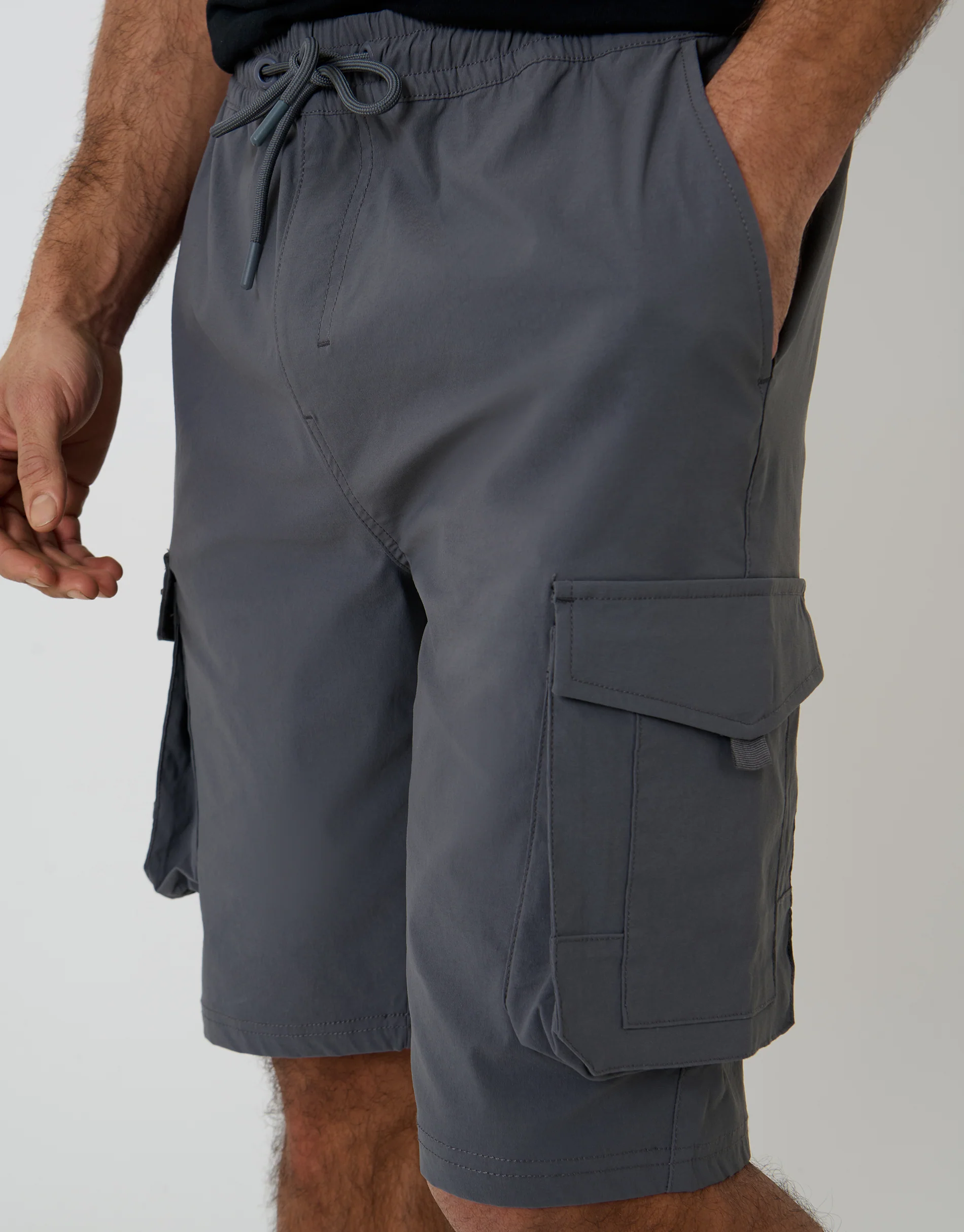 Elasticated Waist Stretch Cargo Shorts in Charcoal Grey - Image 4
