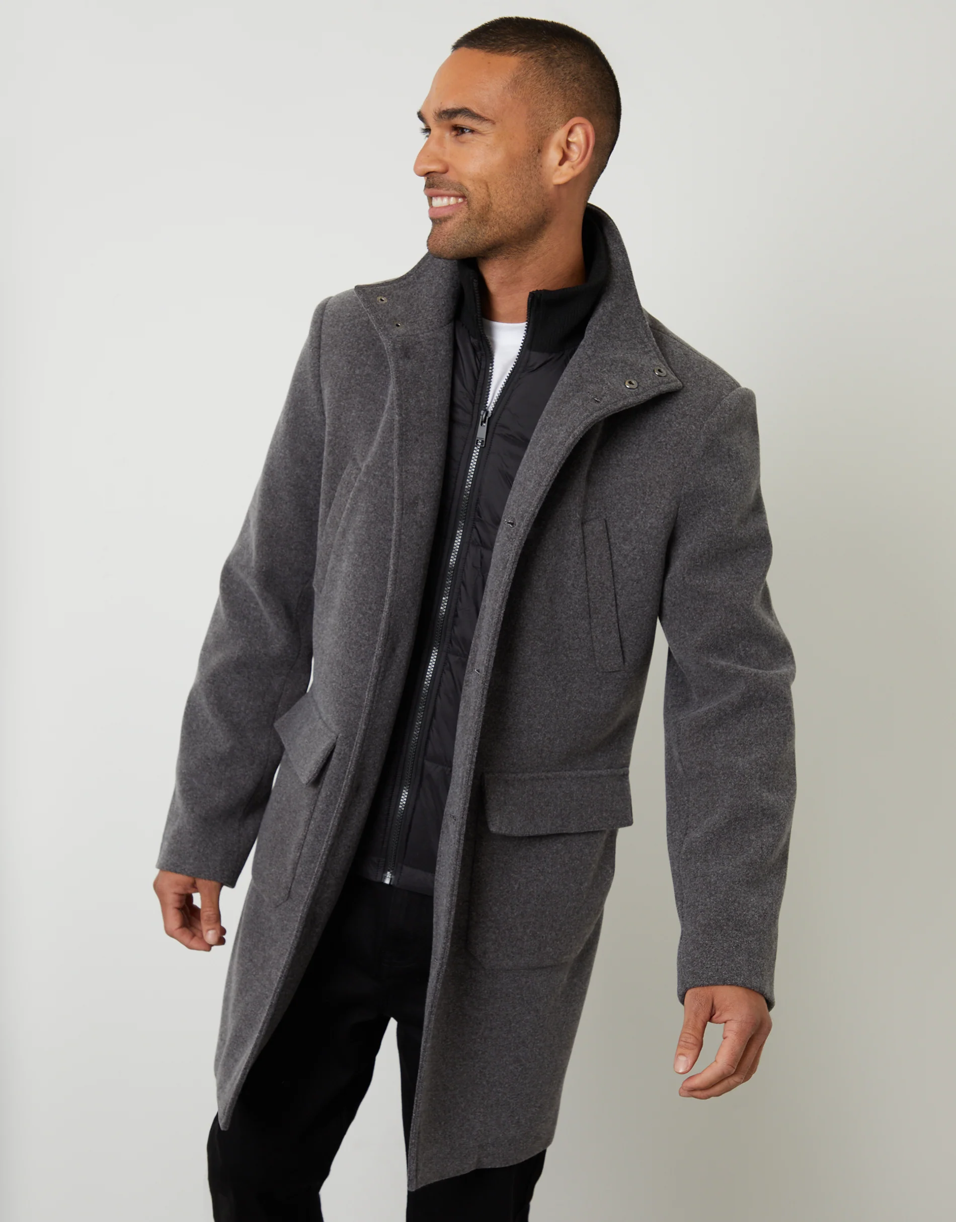 Faux Wool Mock Layer Longline Utility Coat in Charcoal Grey - Image 2