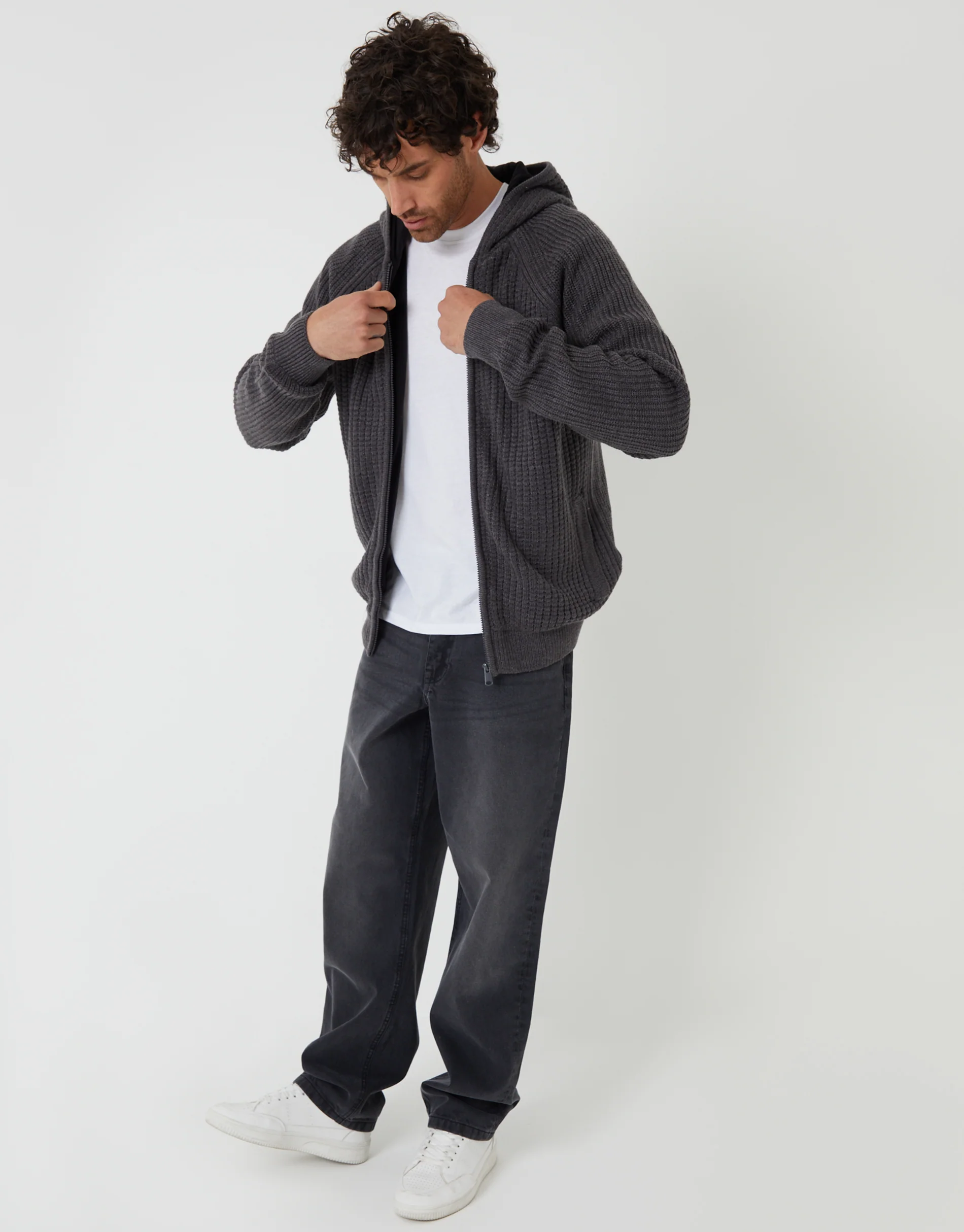 Zip Up Knitted Microfleece Lined Hoodie in Charcoal Grey Marl - Image 3