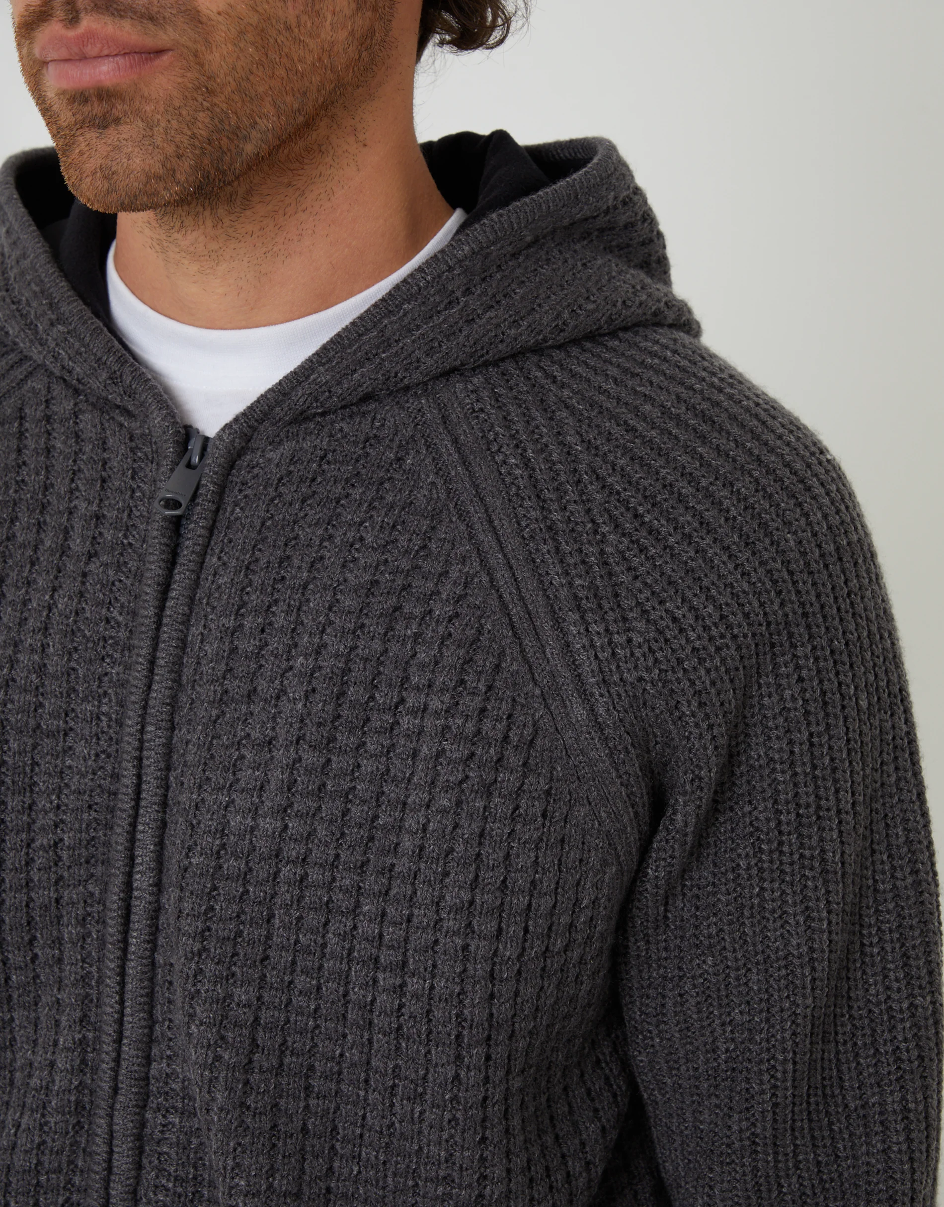 Zip Up Knitted Microfleece Lined Hoodie in Charcoal Grey Marl - Image 4