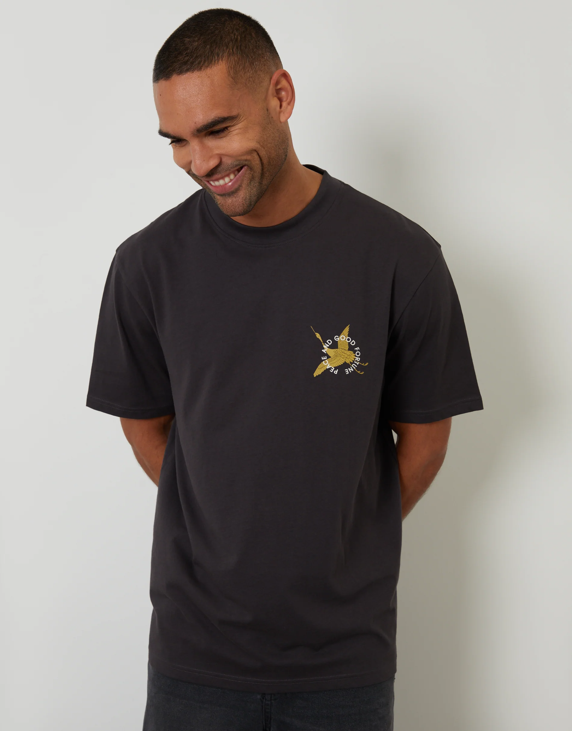 Relaxed Fit Good Fortune Cotton T-Shirt in Charcoal Grey - Image 2