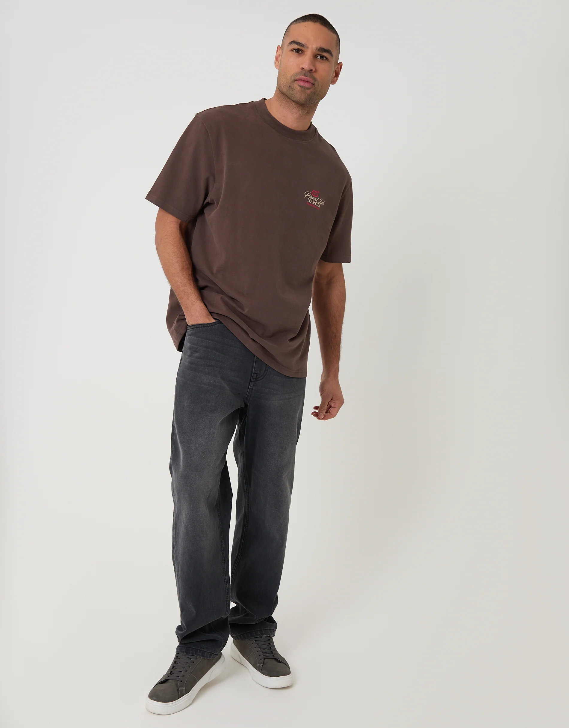 Relaxed Fit Pizza Peached Cotton T-Shirt in Chocolate Brown - Image 3