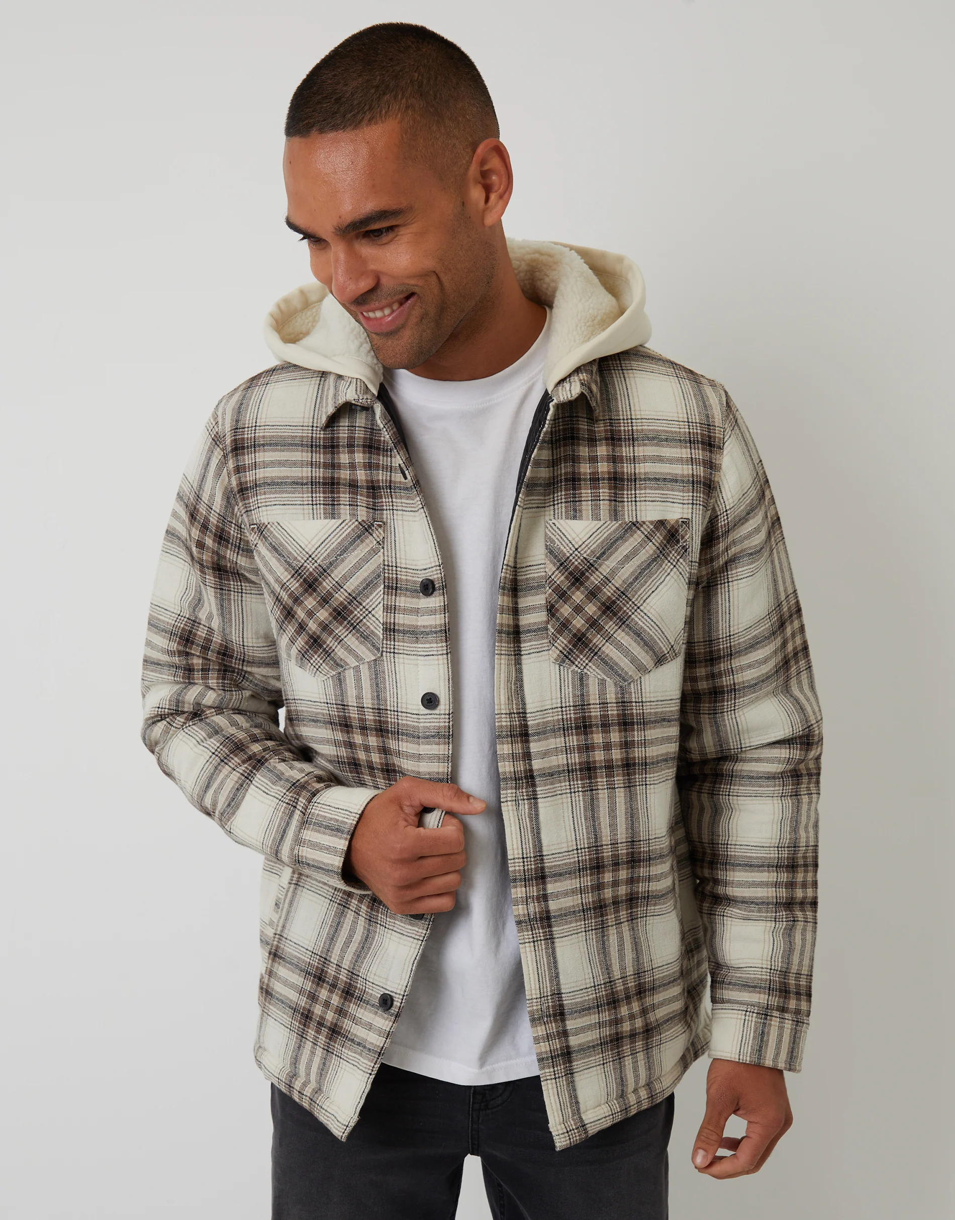 Quilted Shacket with Borg Lined Hood in Cream Check