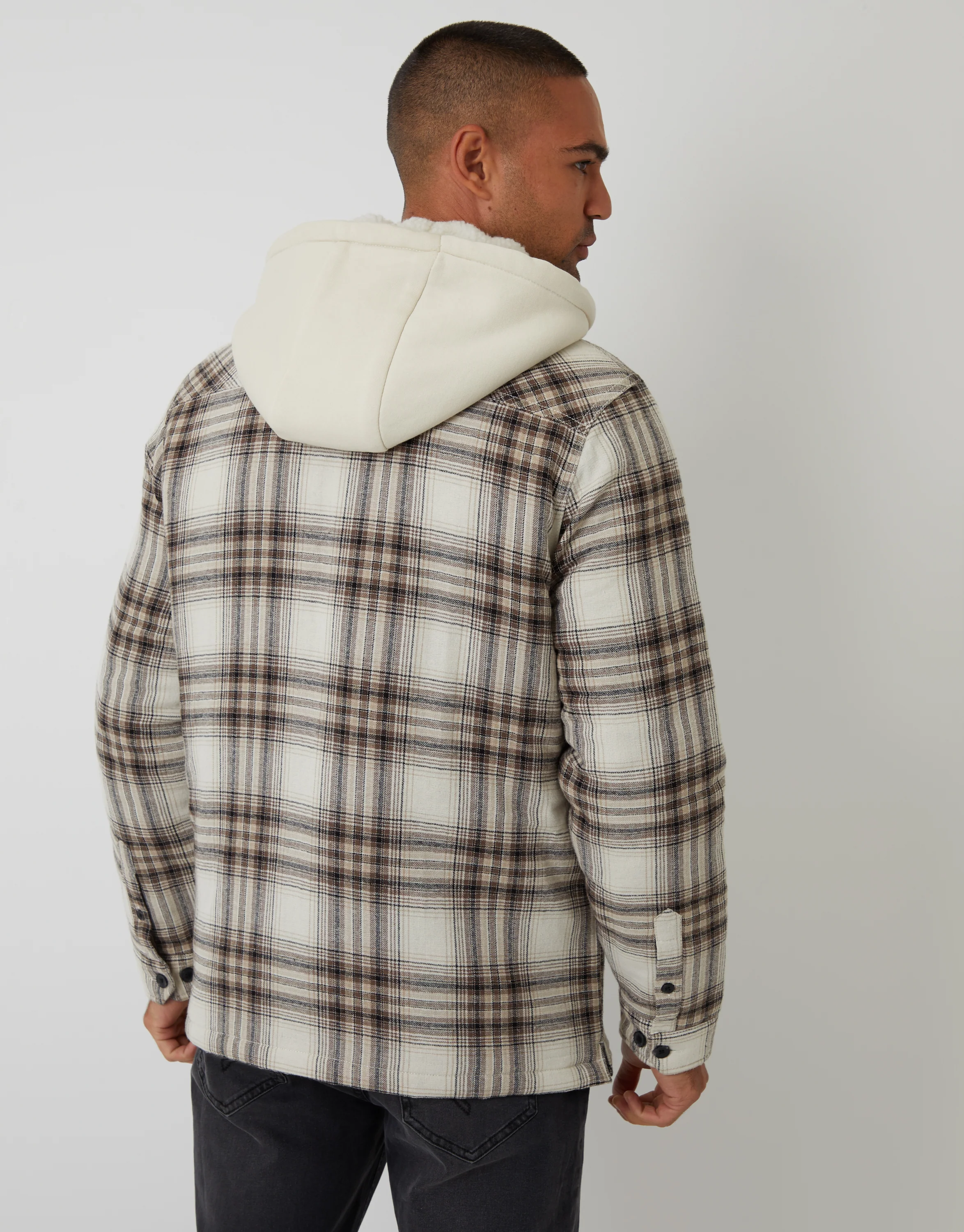 Quilted Shacket with Borg Lined Hood in Cream Check - Image 2
