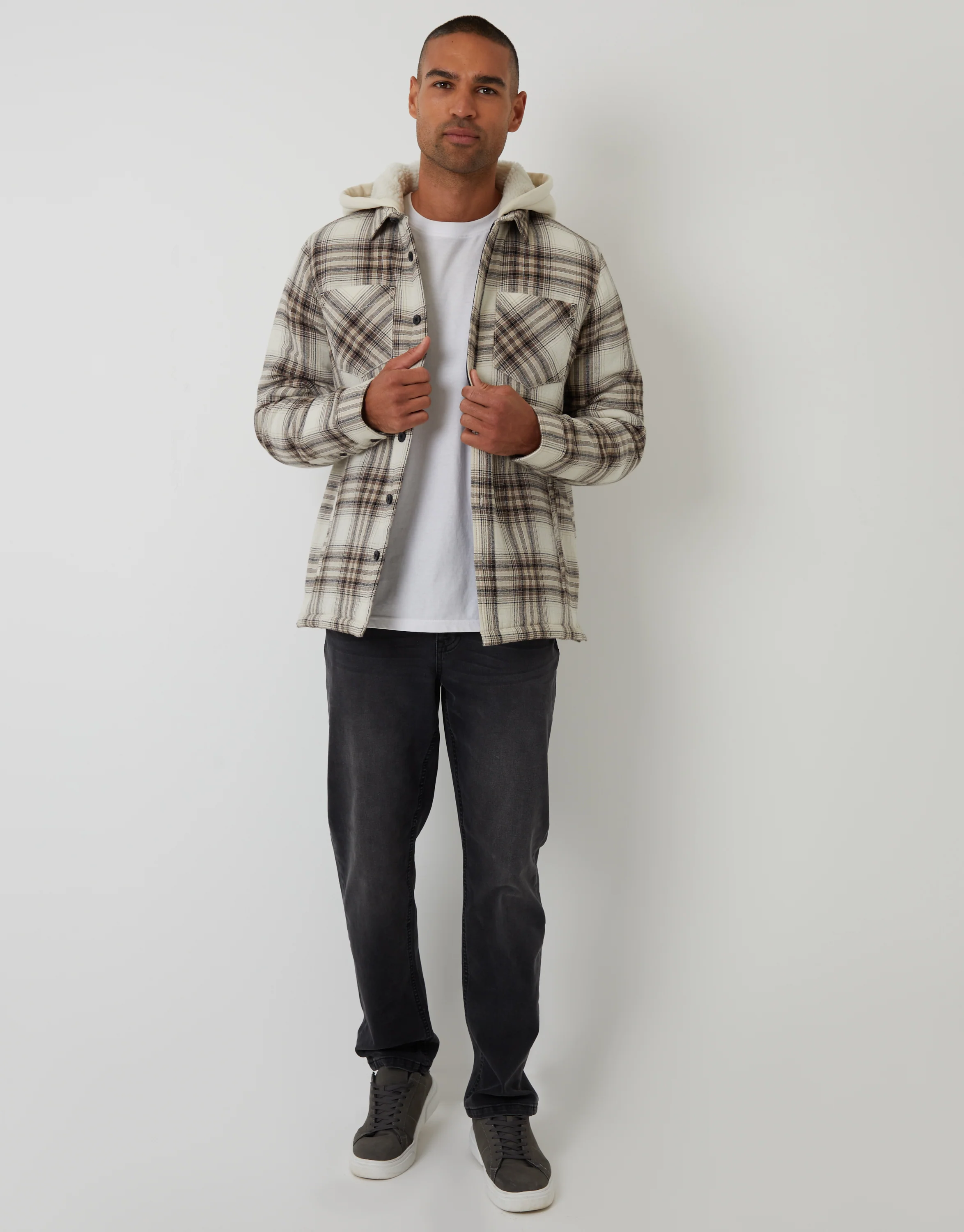Quilted Shacket with Borg Lined Hood in Cream Check - Image 3