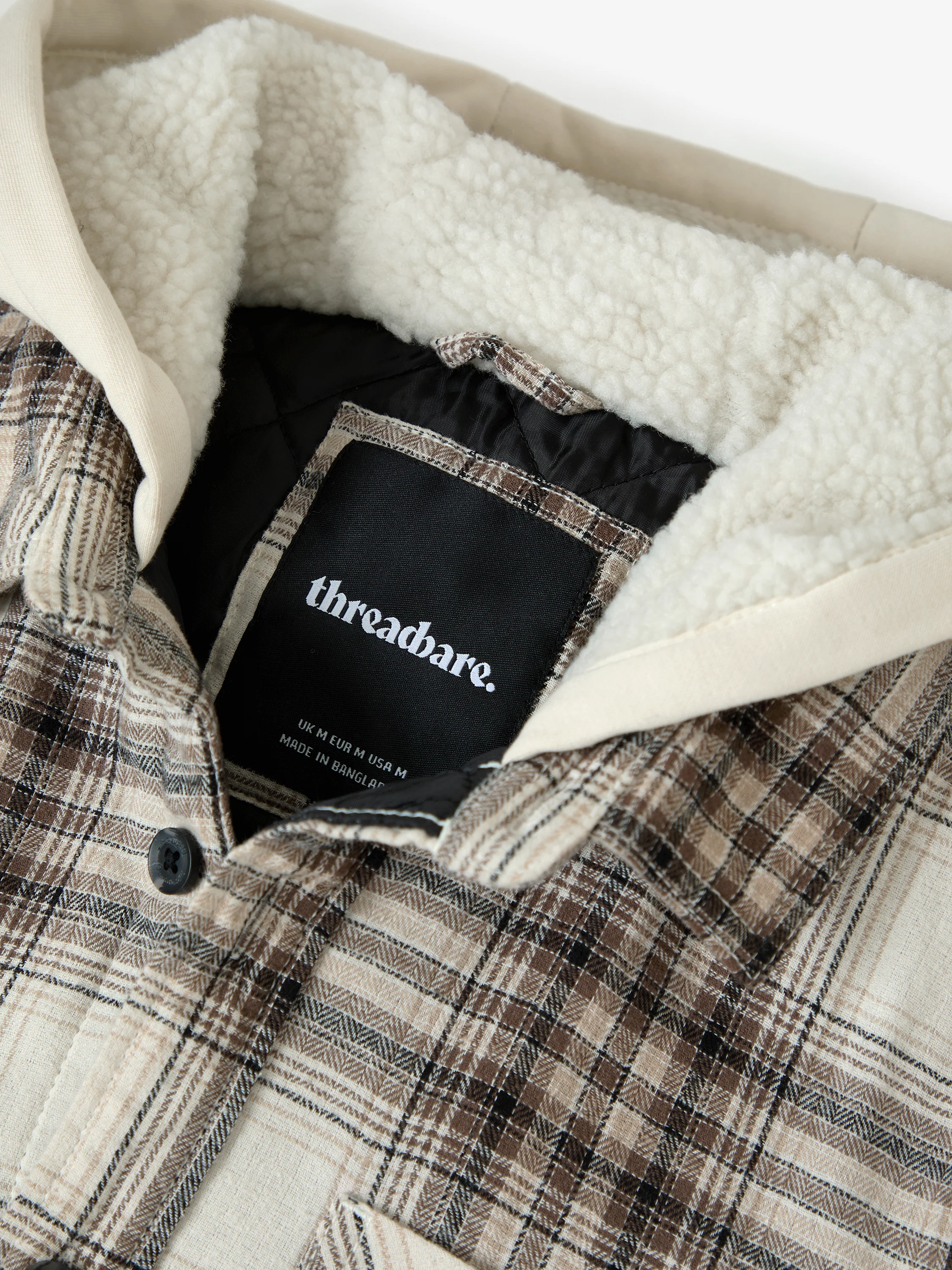Quilted Shacket with Borg Lined Hood in Cream Check - Image 5
