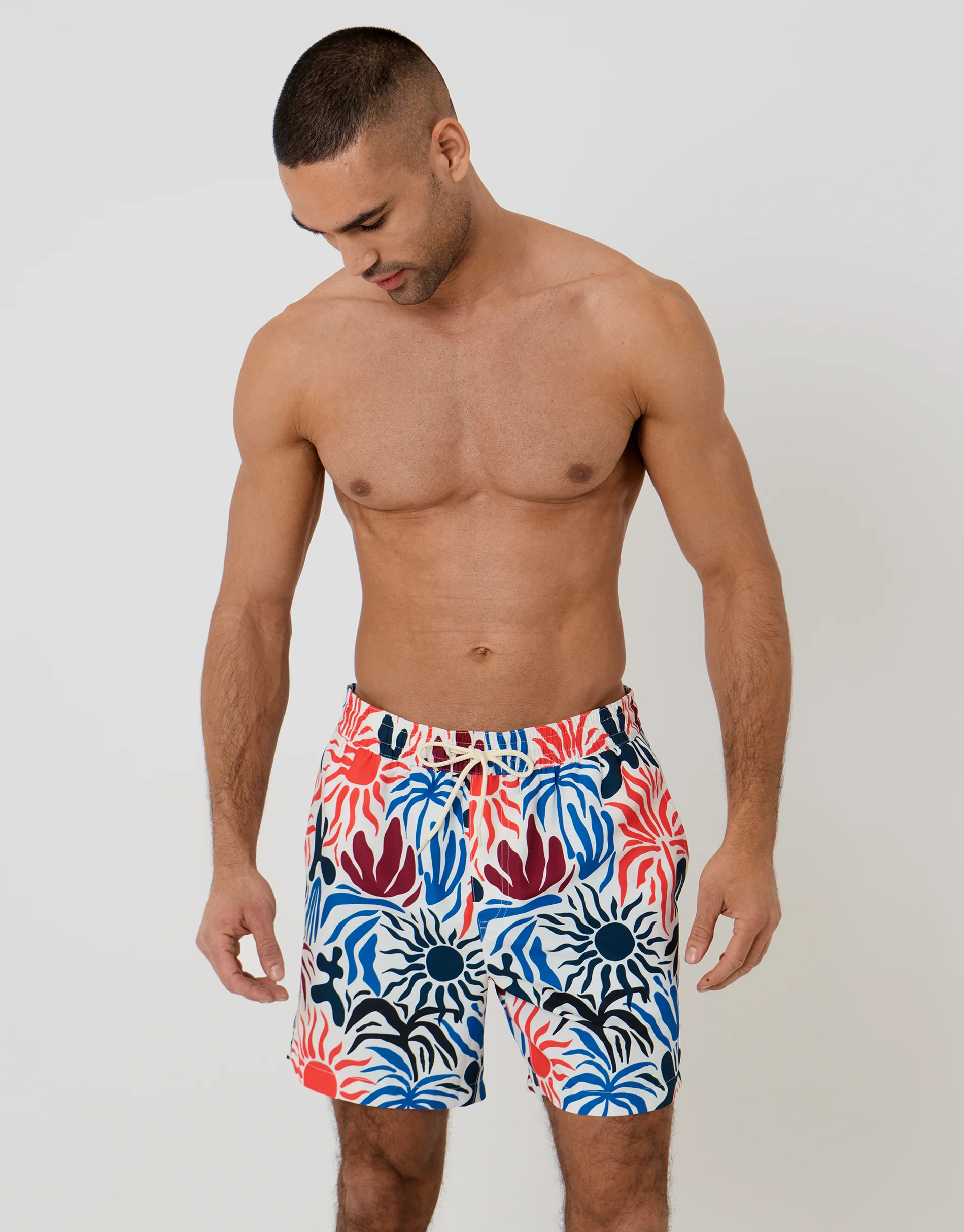 Tropical Print Quick Dry Swim Shorts in Cream - Image 4