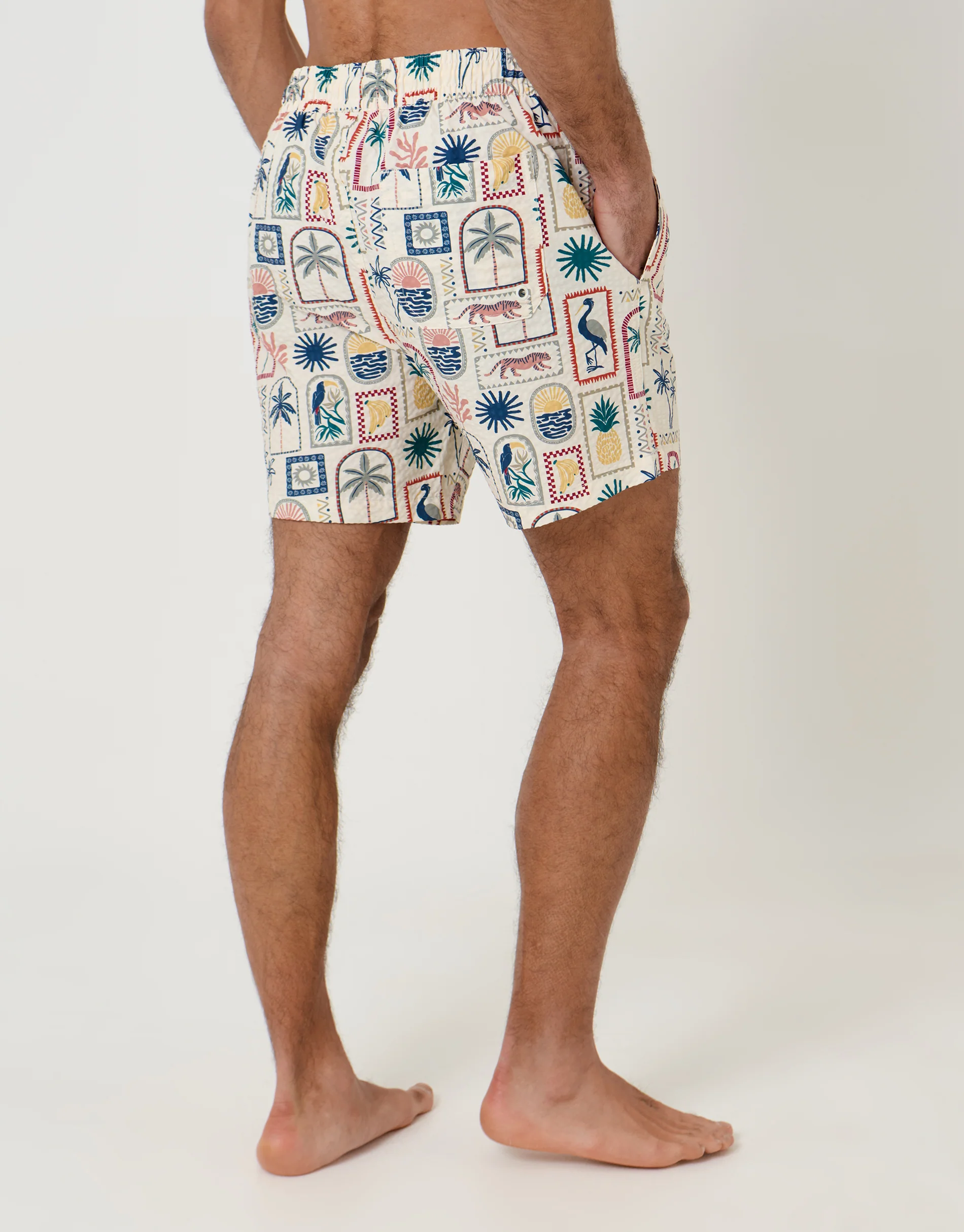 Tropical Stamp Print Seersucker Swim Shorts in Cream - Image 2
