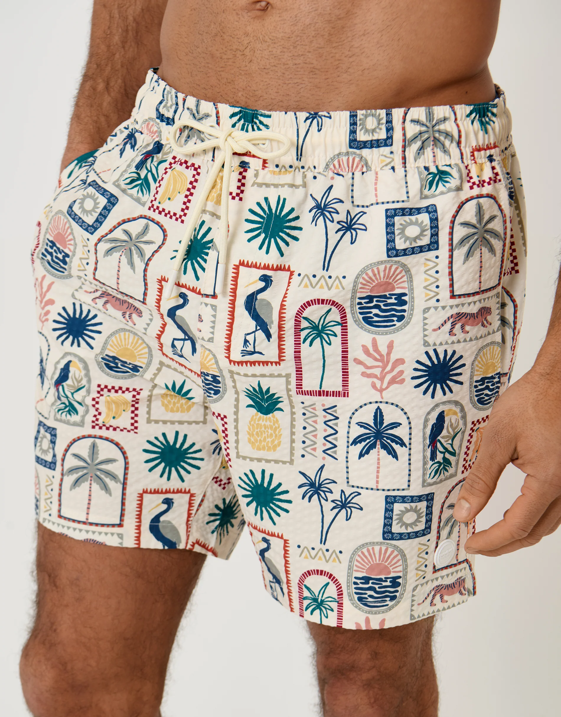 Tropical Stamp Print Seersucker Swim Shorts in Cream - Image 4