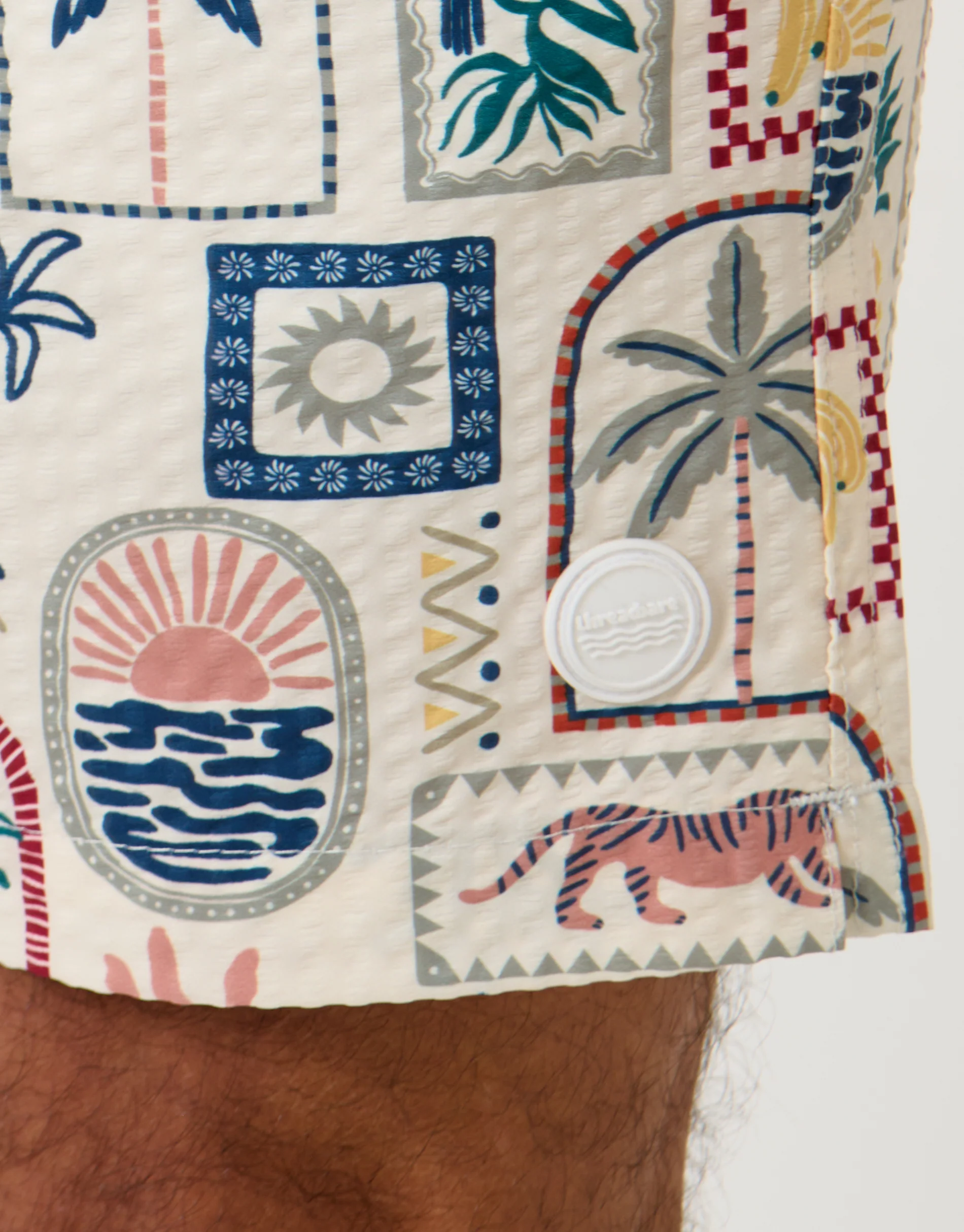 Tropical Stamp Print Seersucker Swim Shorts in Cream - Image 5