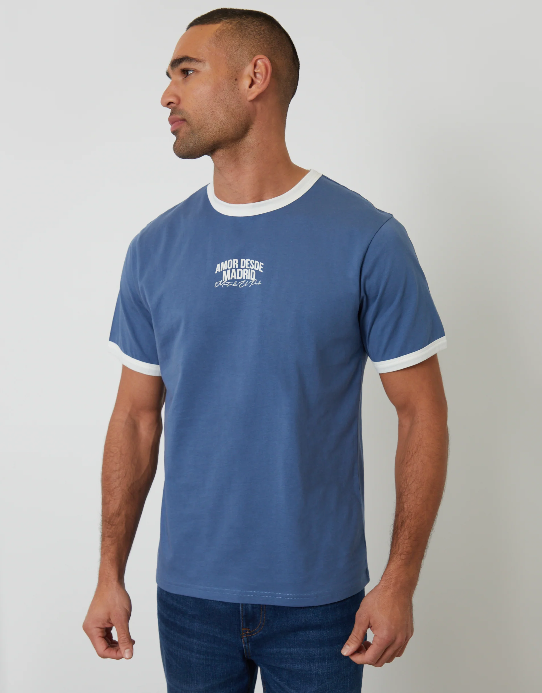 Madrid Graphic Cotton Ringer T-Shirt in Dark Denim - Image 2
